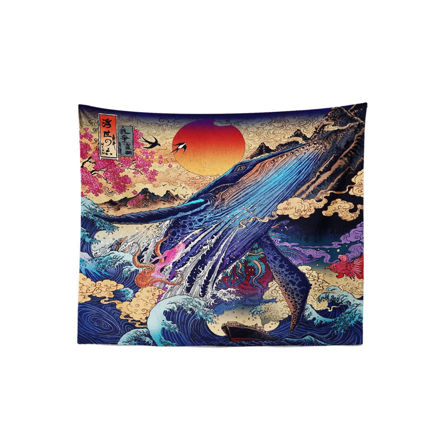 3D tapisserie murale grande couverture murale coucher de soleil baleine onde mer japonaise superbe décor de salon
