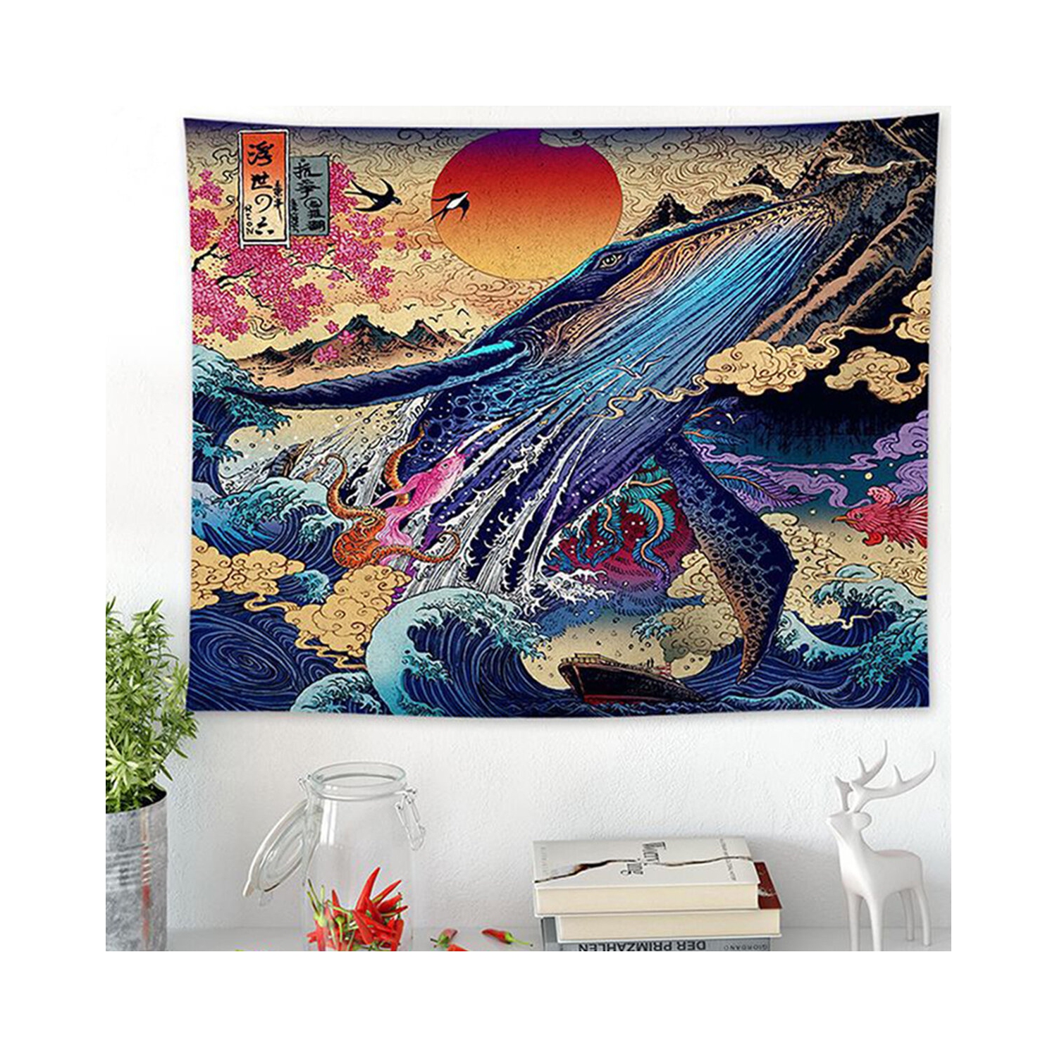 3D tapisserie murale grande couverture murale coucher de soleil baleine onde mer japonaise superbe décor de salon