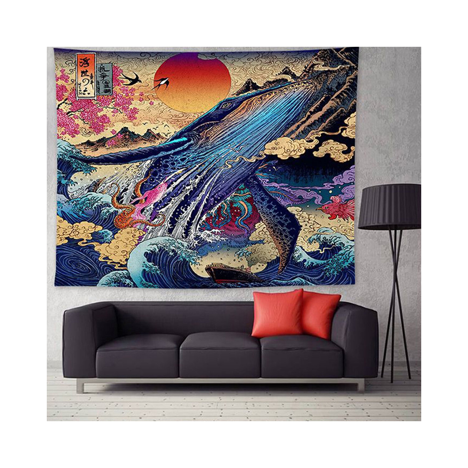 3D tapisserie murale grande couverture murale coucher de soleil baleine onde mer japonaise superbe décor de salon