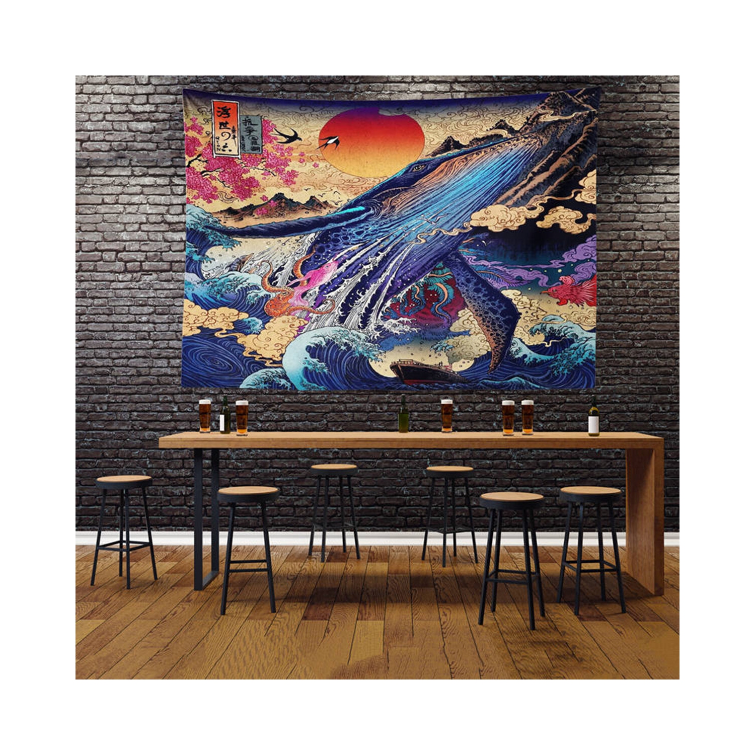 3D tapisserie murale grande couverture murale coucher de soleil baleine onde mer japonaise superbe décor de salon