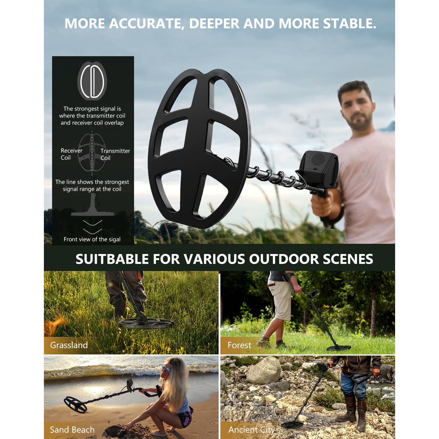 Détecteur de métaux professionnel étanche avec écran LCD avancé à puce US de 12 pouces et tige réglable pour une chasse au trésor précise