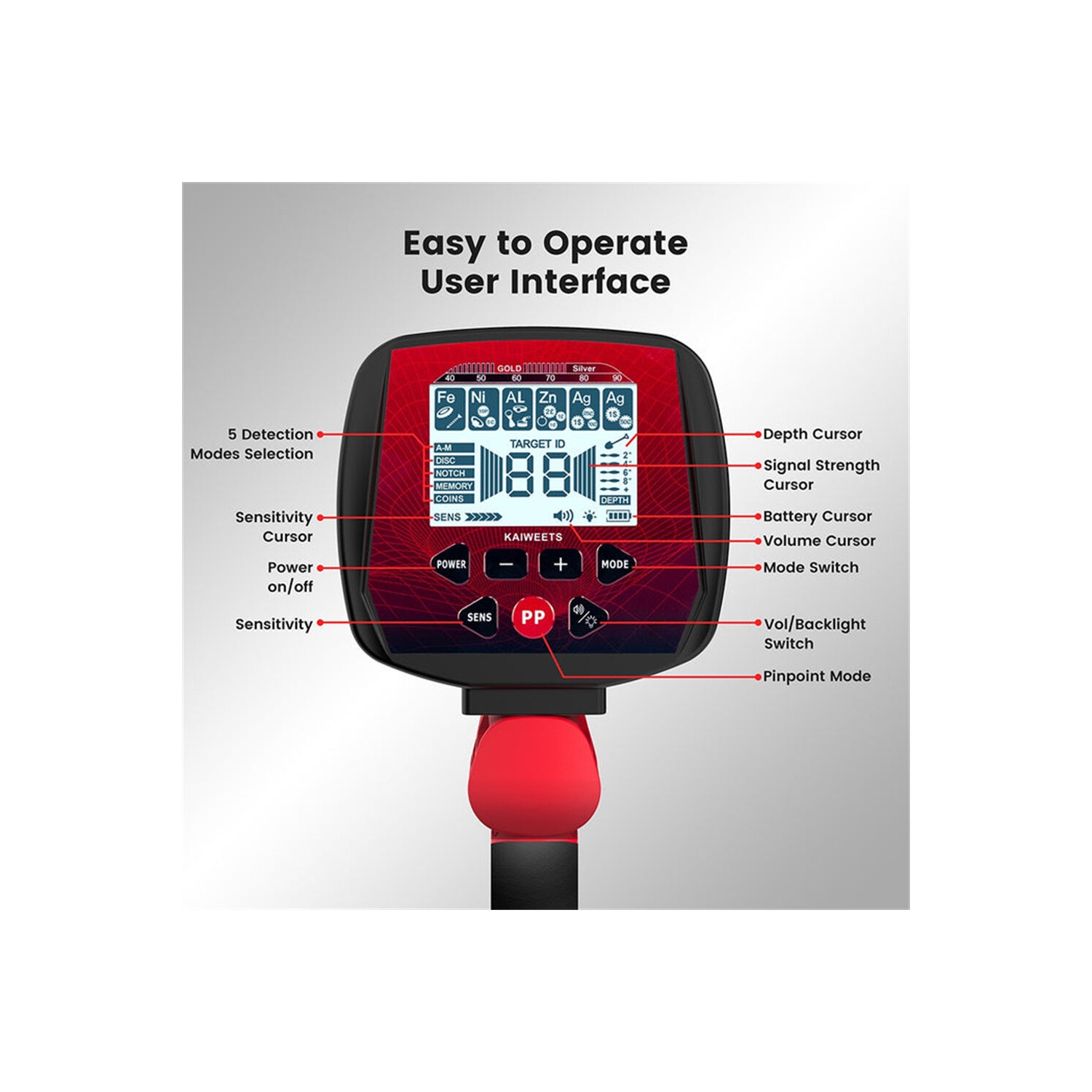 Détecteur de métaux professionnel KAIWEETS KGM01 avec 6 modes de détection haute précision IP68 sensibilité réglable et longueur de tige pour pièces