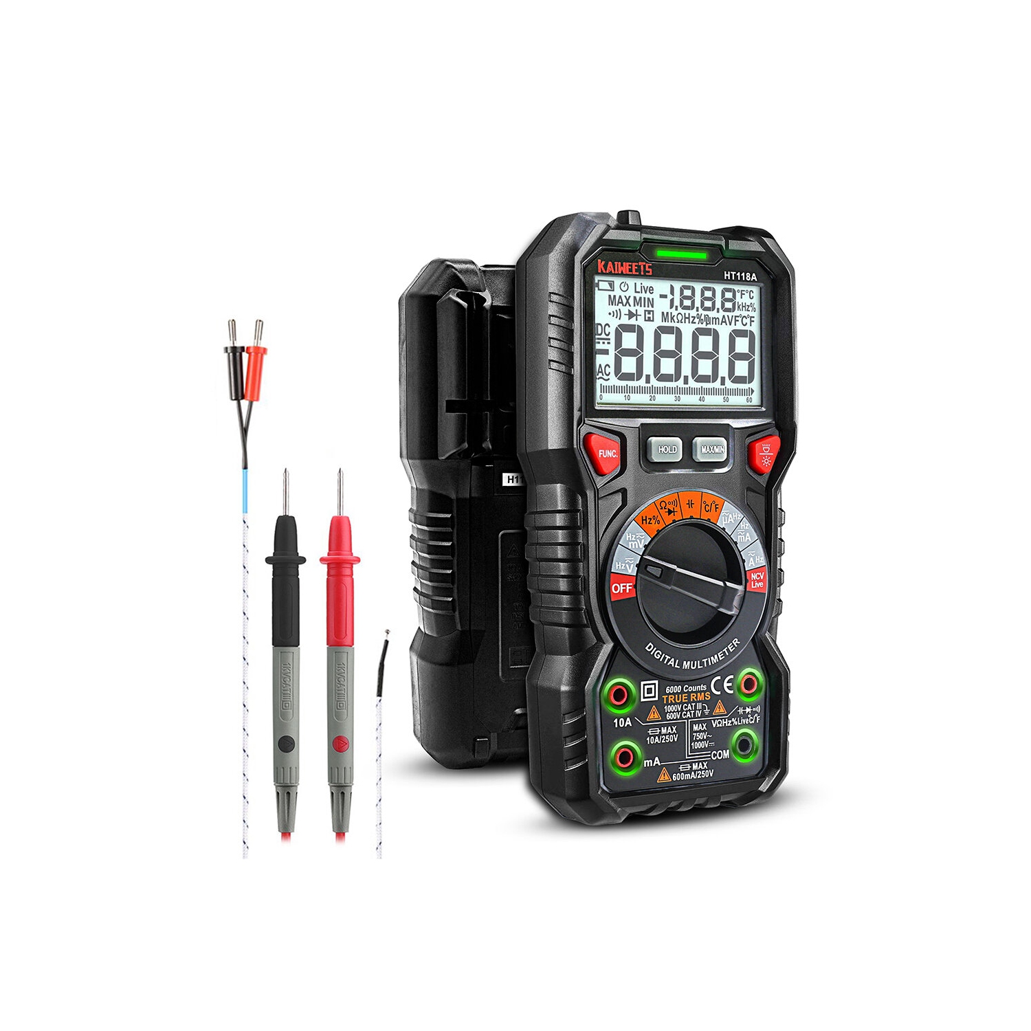 EU Direct KAIWEETS HT118A Digital AC/DC Multimeter TRMS 6000 Counts True RMS with Flashlight and Safety Features Best for Household and Automotive