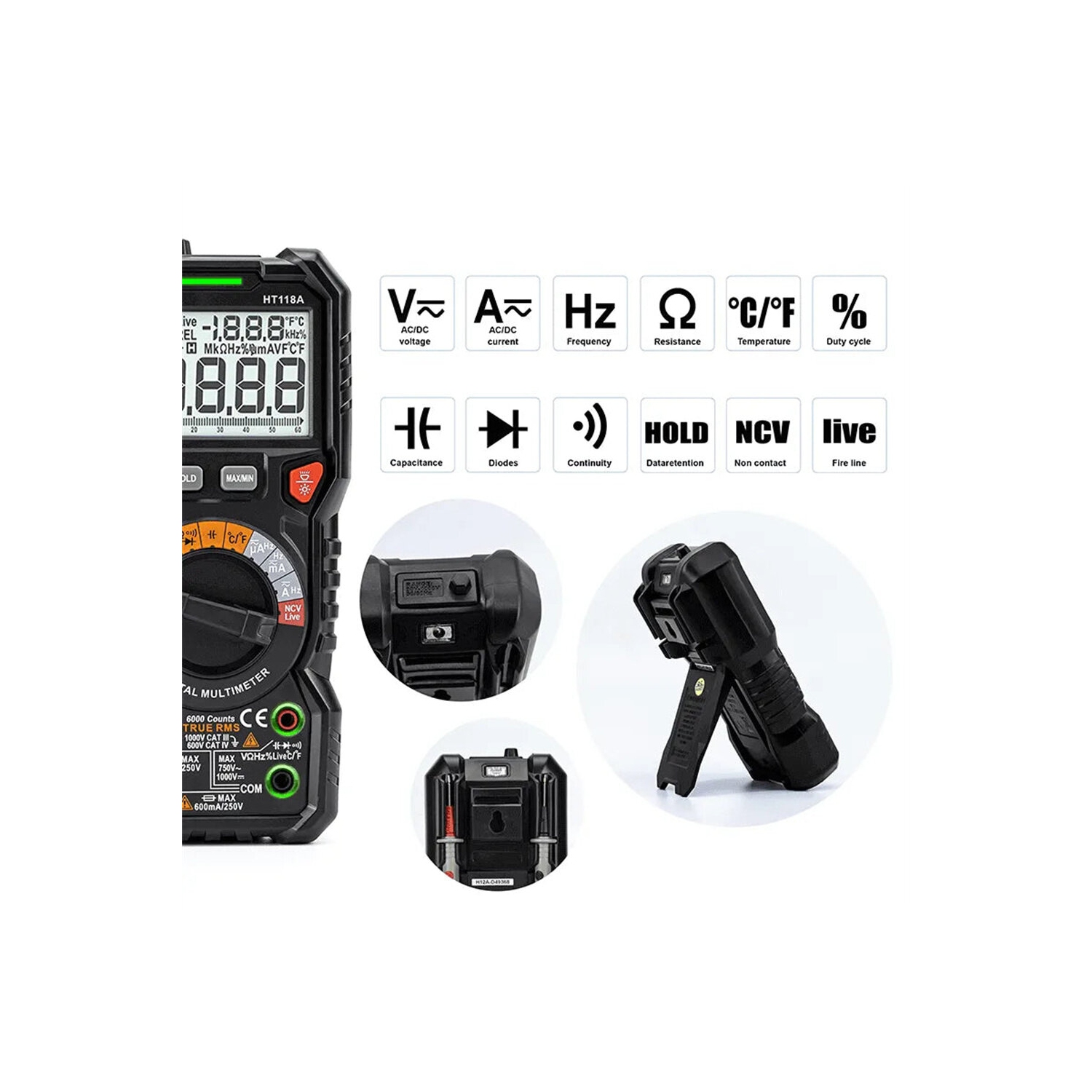 EU Direct KAIWEETS HT118A Digital AC/DC Multimeter TRMS 6000 Counts True RMS with Flashlight and Safety Features Best for Household and Automotive