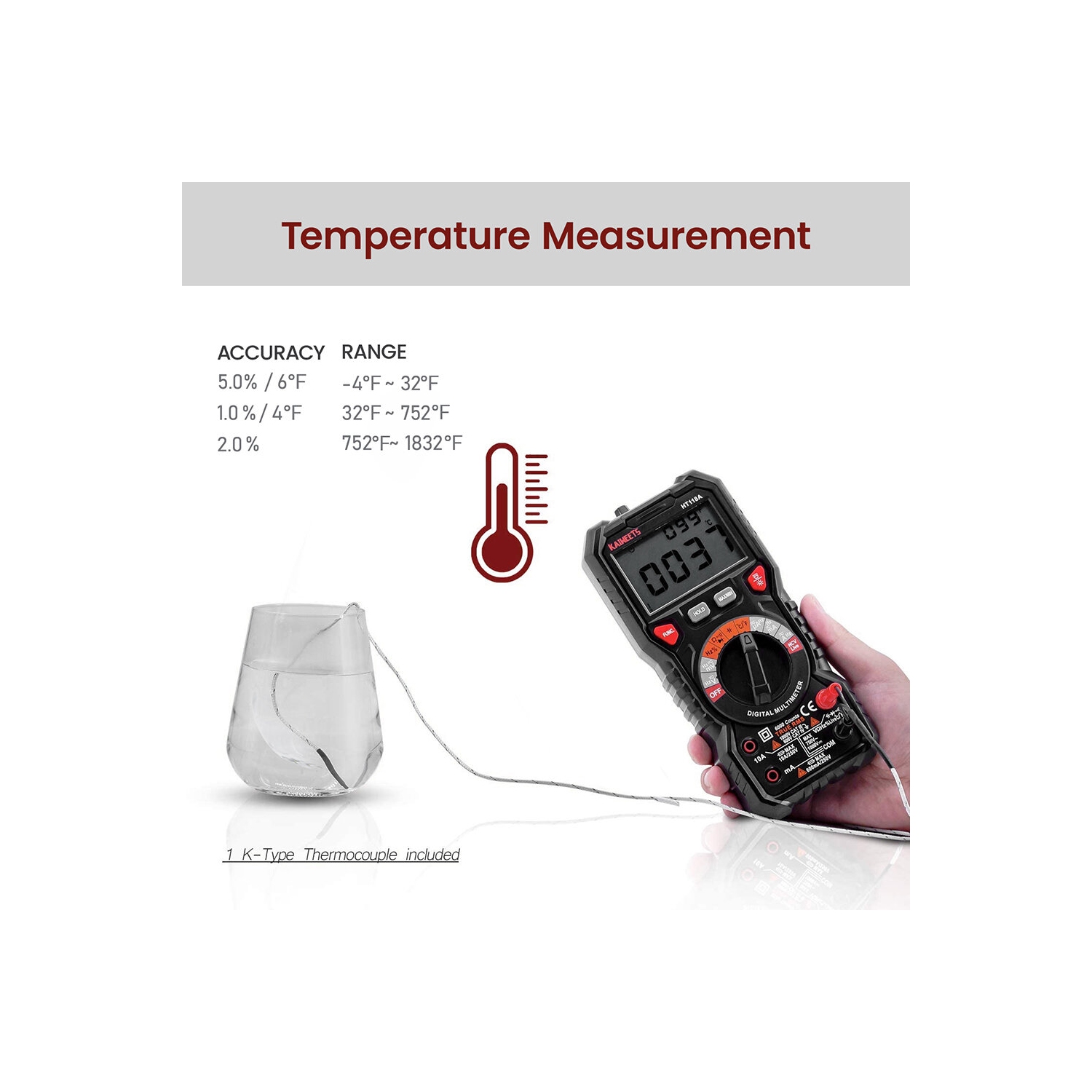 EU Direct KAIWEETS HT118A Digital AC/DC Multimeter TRMS 6000 Counts True RMS with Flashlight and Safety Features Best for Household and Automotive