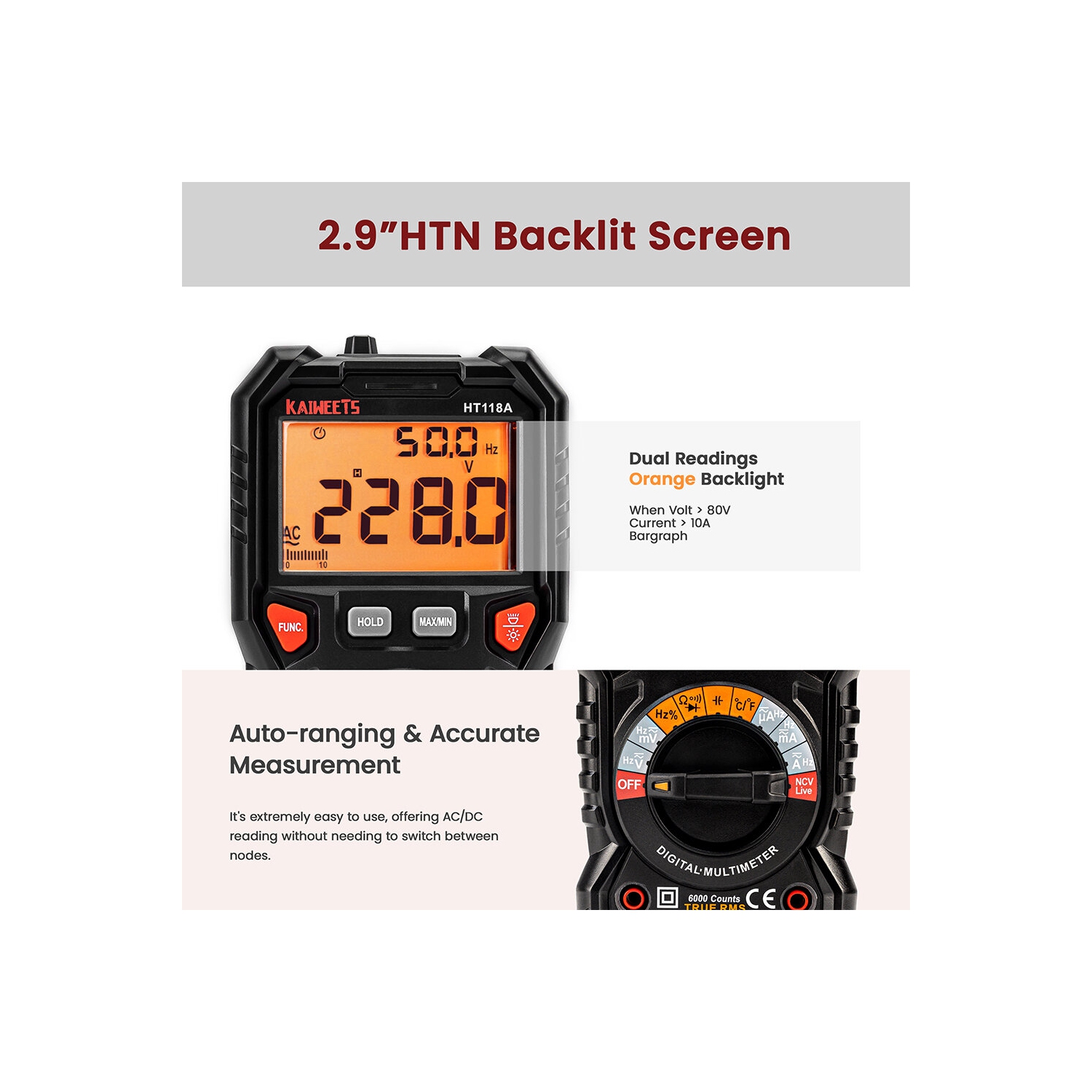 EU Direct KAIWEETS HT118A Digital AC/DC Multimeter TRMS 6000 Counts True RMS with Flashlight and Safety Features Best for Household and Automotive