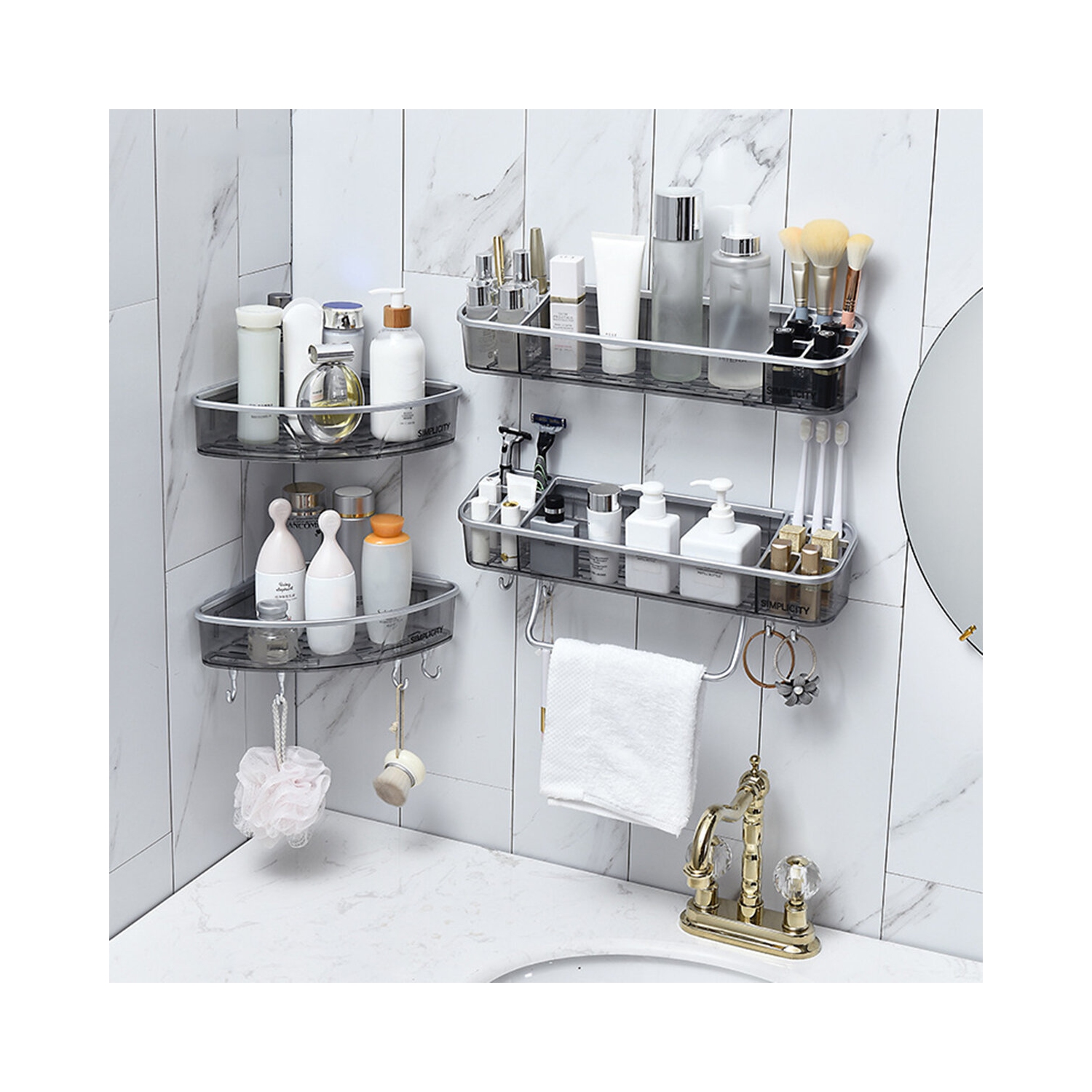 Bathroom Triangular Shower Shelf Corner Bath Storage Holder Rack With Hooker