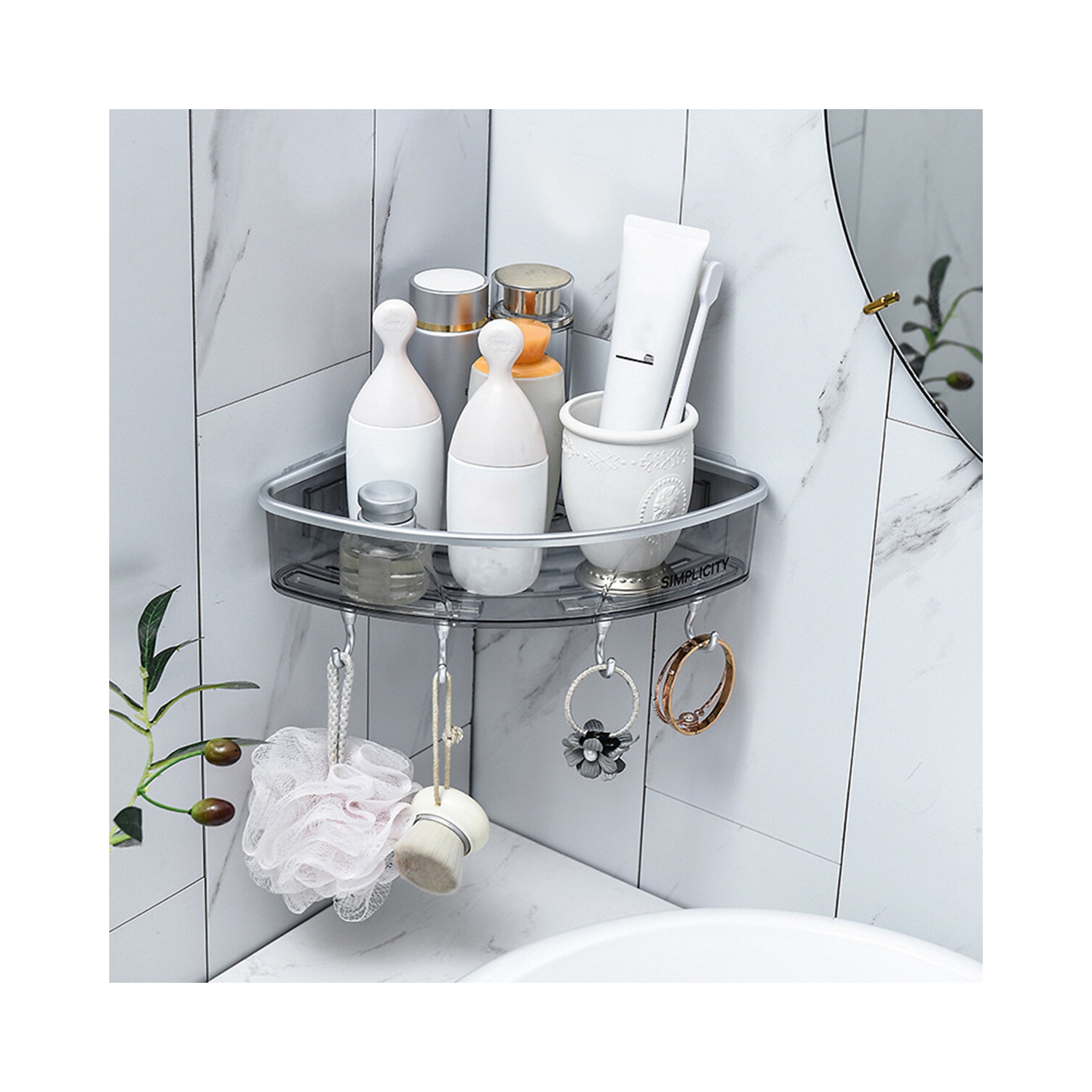 Bathroom Triangular Shower Shelf Corner Bath Storage Holder Rack With Hooker