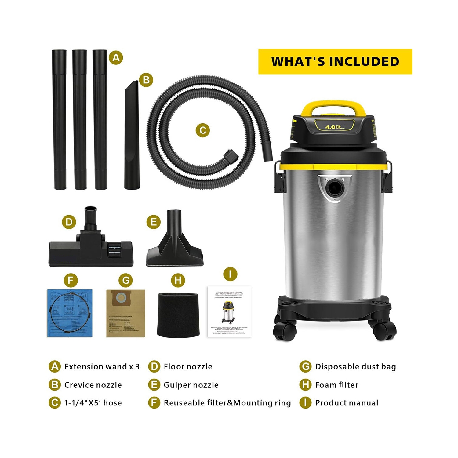 [USA Direct] SL18129 Wet/Dry Vacuum 4 Gallon 4 Peak HP Stainless Steel Tank Powerful Suction Portable Shop Vacuum with Accessories