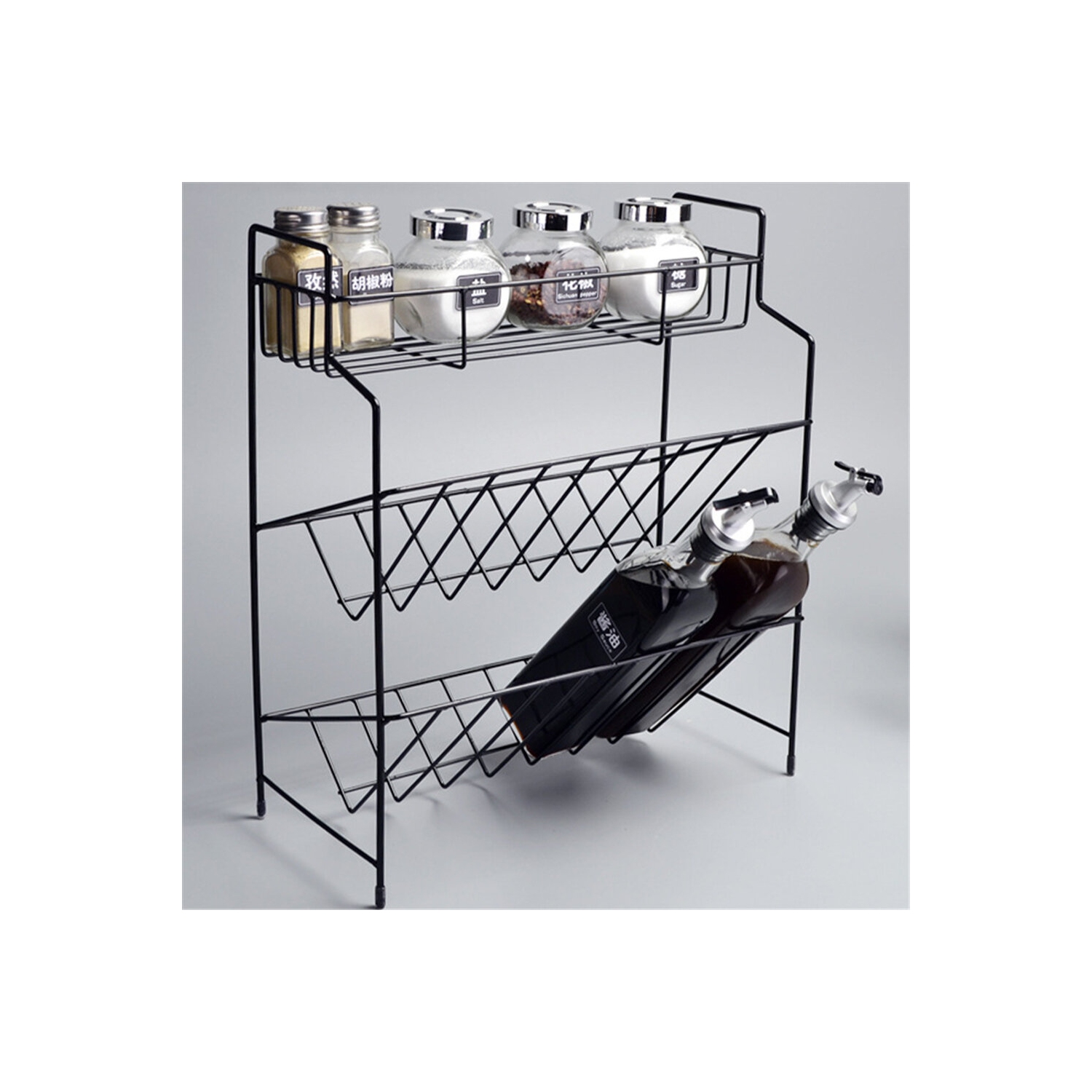 2/3 Layers Shelf Kitchen Utensils Storage Iron Spice Rack Storage Stand Home Organizer Kitchen Shelf-Black