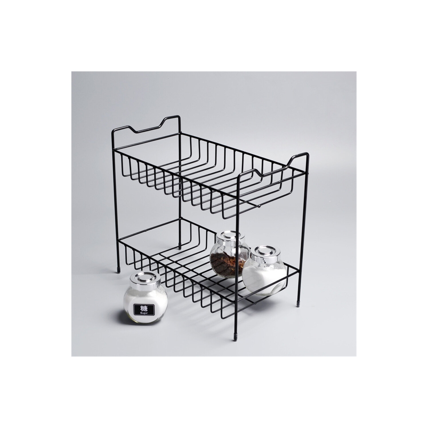2/3 Layers Shelf Kitchen Utensils Storage Iron Spice Rack Storage Stand Home Organizer Kitchen Shelf-Black