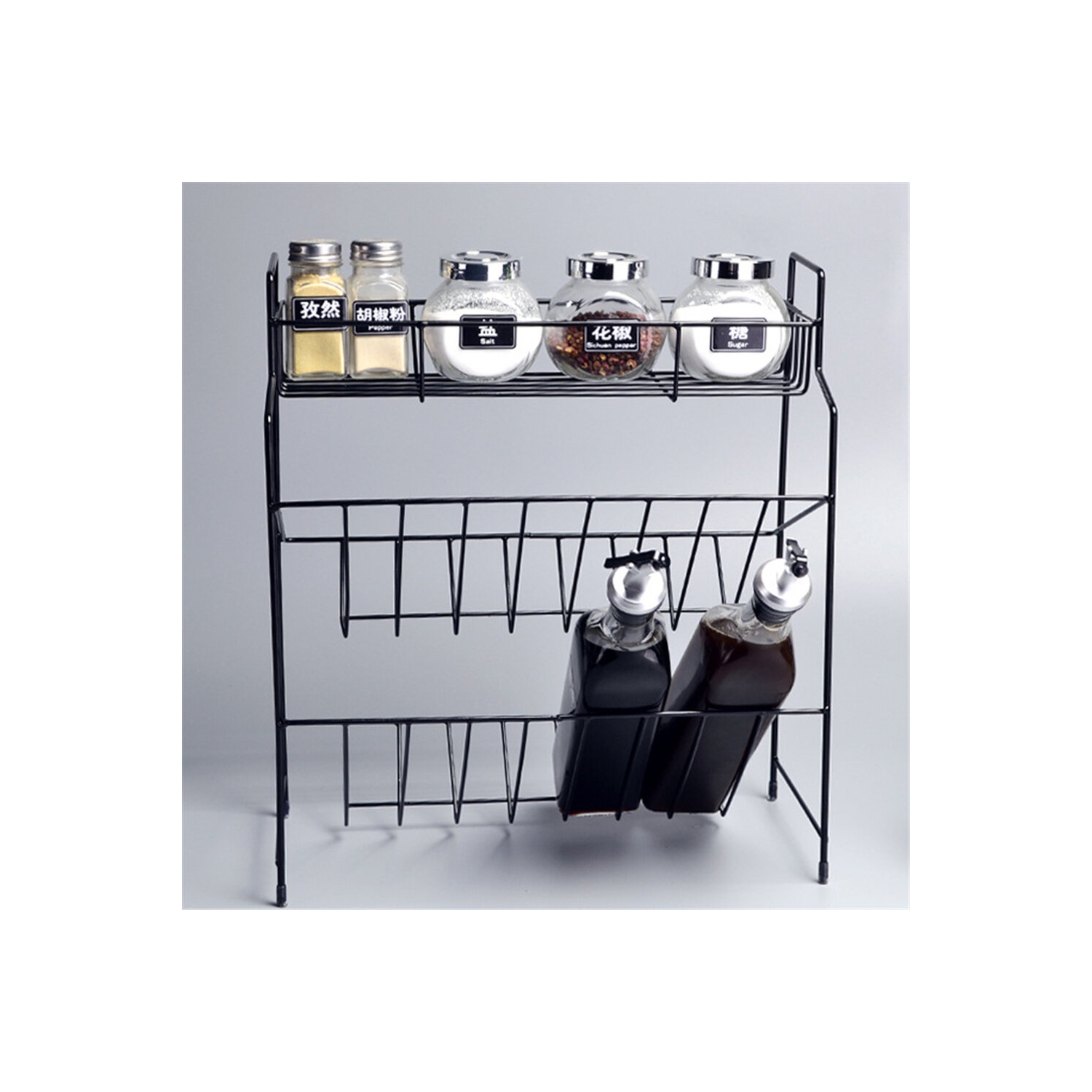 2/3 Layers Shelf Kitchen Utensils Storage Iron Spice Rack Storage Stand Home Organizer Kitchen Shelf-Black