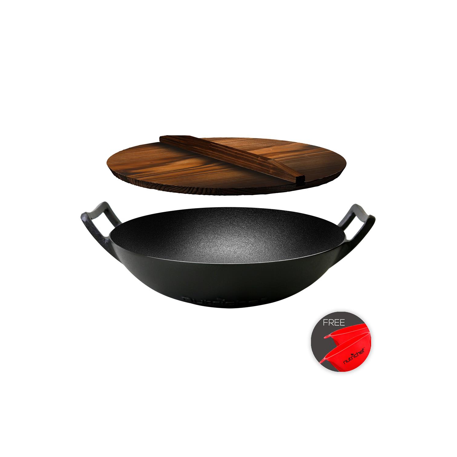 Pre-Seasoned Cast Iron Cooking Wok - Cast Iron Stir Fry Wok with Wooden Lid