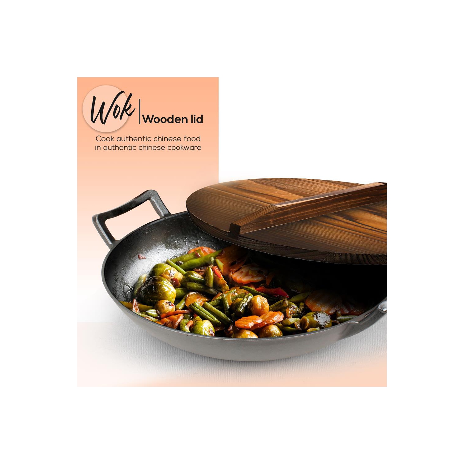 Pre-Seasoned Cast Iron Cooking Wok - Cast Iron Stir Fry Wok with Wooden Lid