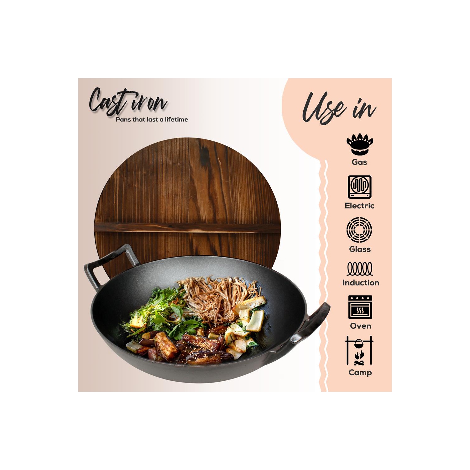 Pre-Seasoned Cast Iron Cooking Wok - Cast Iron Stir Fry Wok with Wooden Lid