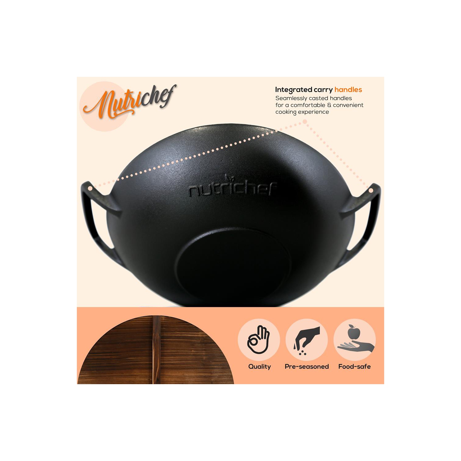Pre-Seasoned Cast Iron Cooking Wok - Cast Iron Stir Fry Wok with Wooden Lid