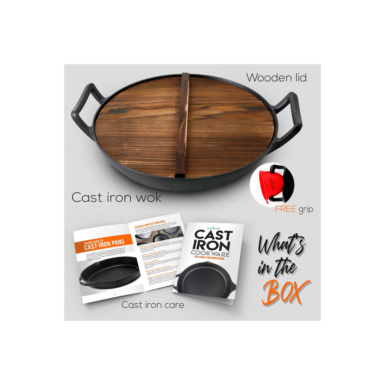 Pre-Seasoned Cast Iron Cooking Wok - Cast Iron Stir Fry Wok with Wooden Lid