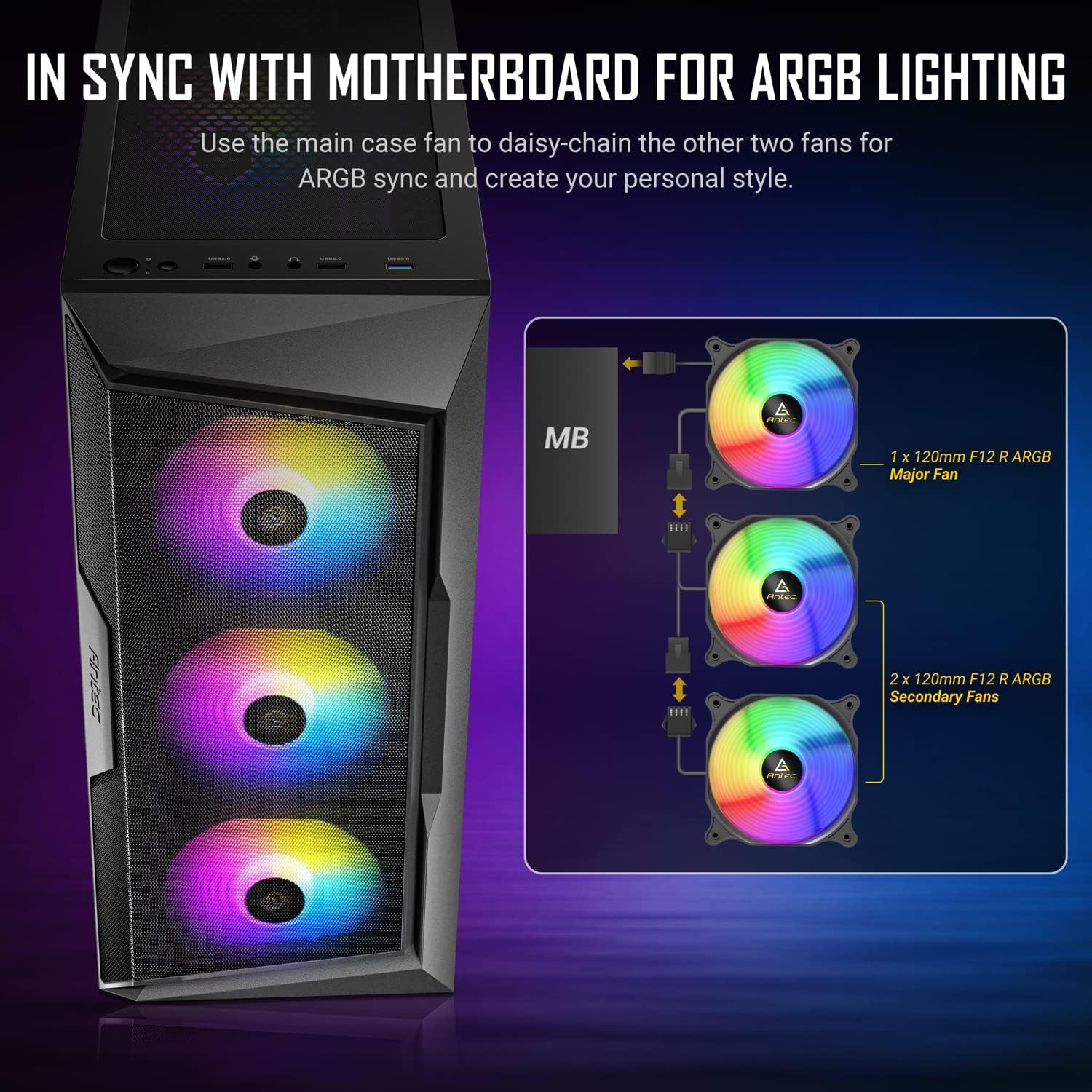 Antec AX Series AX61 Elite, High-Airflow Mesh Front Panel, 4 x 120mm ARGB Fans Included, Tempered Glass Side Panels, Up to 8 Fans, 360mm Radiator