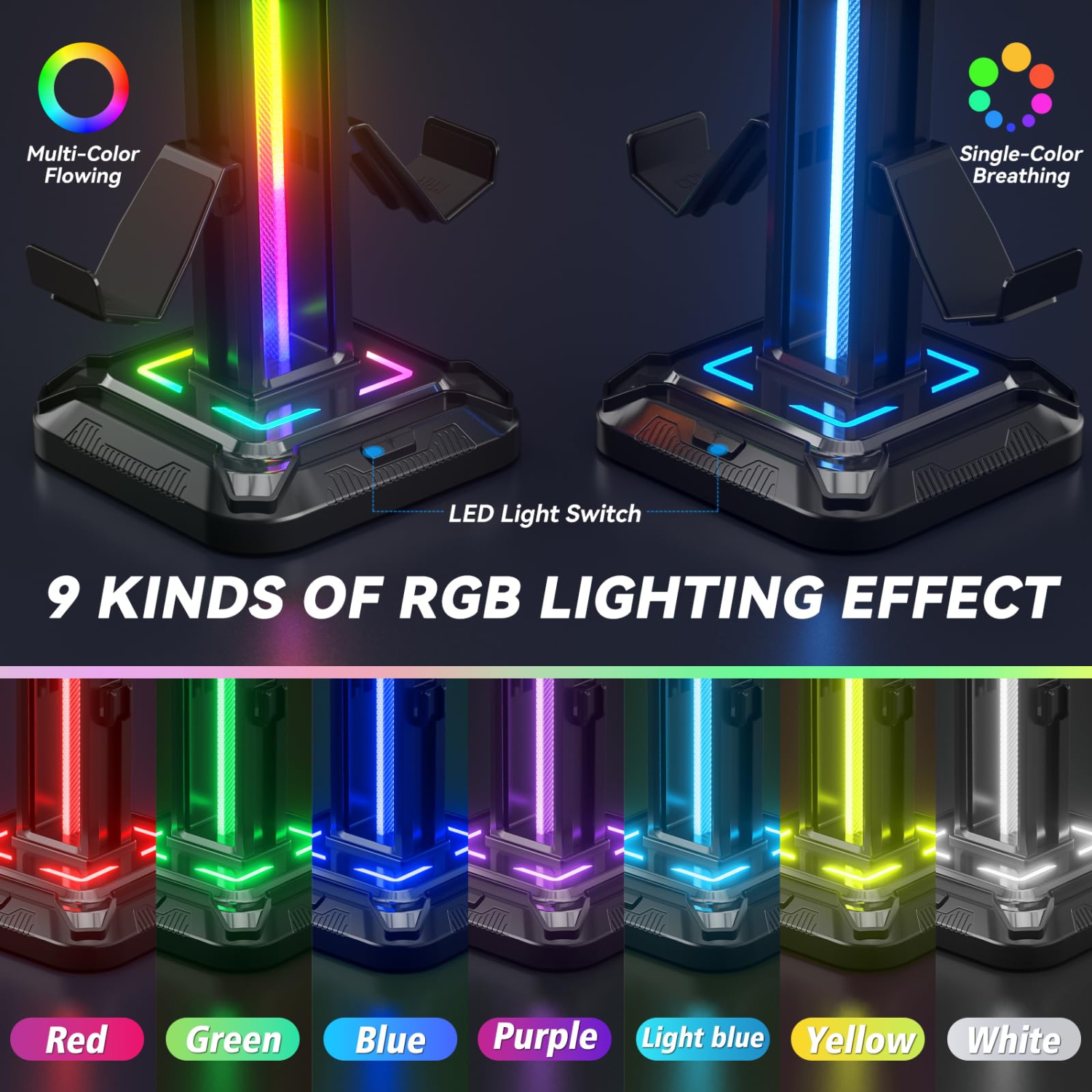 RGB Headset Stand with 9 Light Modes - Gaming Controller Holder for Desk - Rotatable Headphone Stand & Detachable Controller