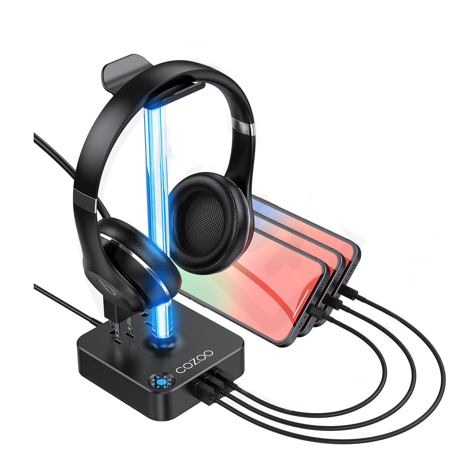 RGB Headphone Stand with USB Charger Desktop Gaming Headset Holder Hanger with 3 USB Charger and 2 Outlets for DJ, Wireless E