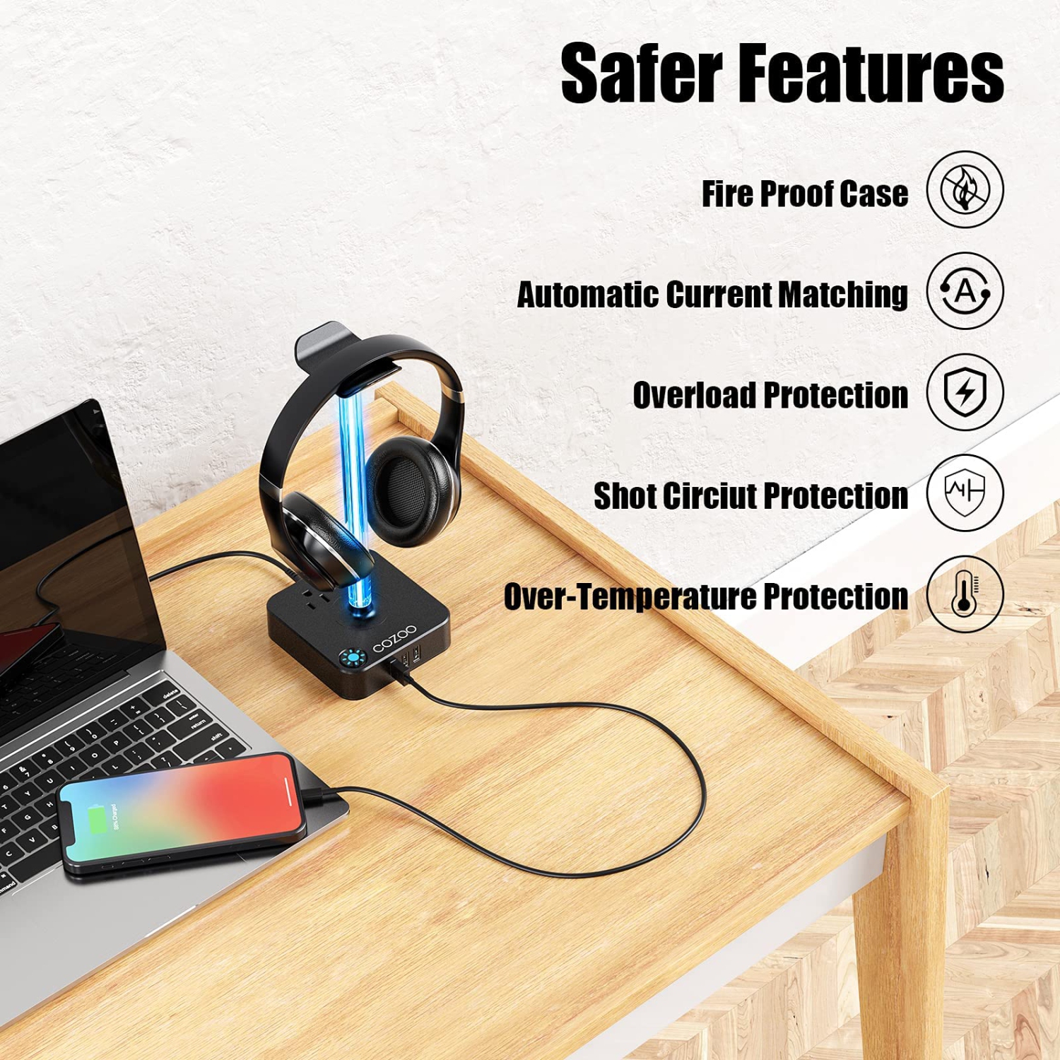 RGB Headphone Stand with USB Charger Desktop Gaming Headset Holder Hanger with 3 USB Charger and 2 Outlets for DJ, Wireless E