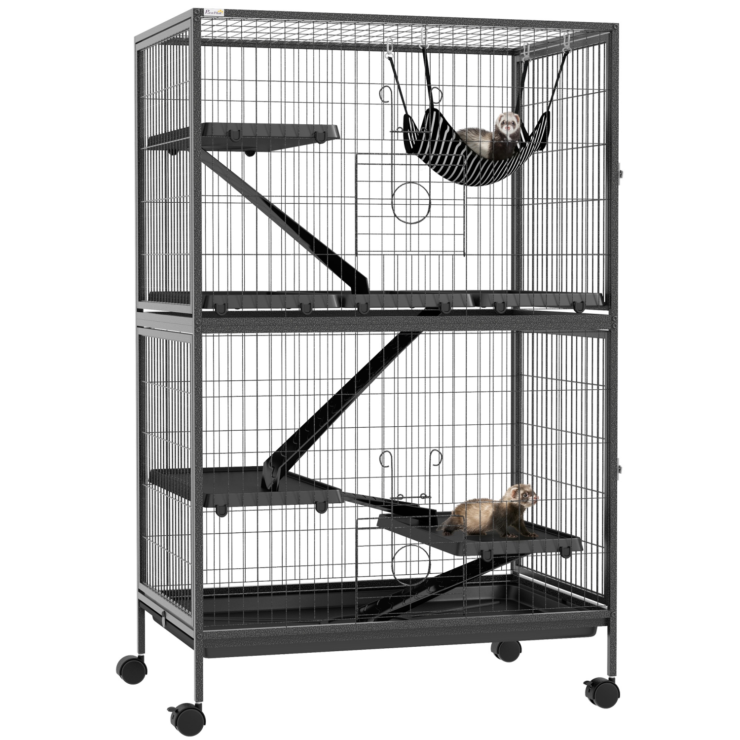 PawHut 50"H 5-Tier Chinchilla Ferret Guinea Pig Cat Cage, Metal Deluxe Animal Critter Nation Cage for Kitten Rabbit, Small Pet House w/ Hammock