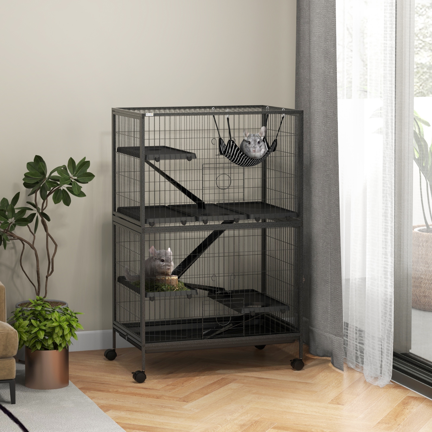 PawHut 50"H 5-Tier Chinchilla Ferret Guinea Pig Cat Cage, Metal Deluxe Animal Critter Nation Cage for Kitten Rabbit, Small Pet House w/ Hammock