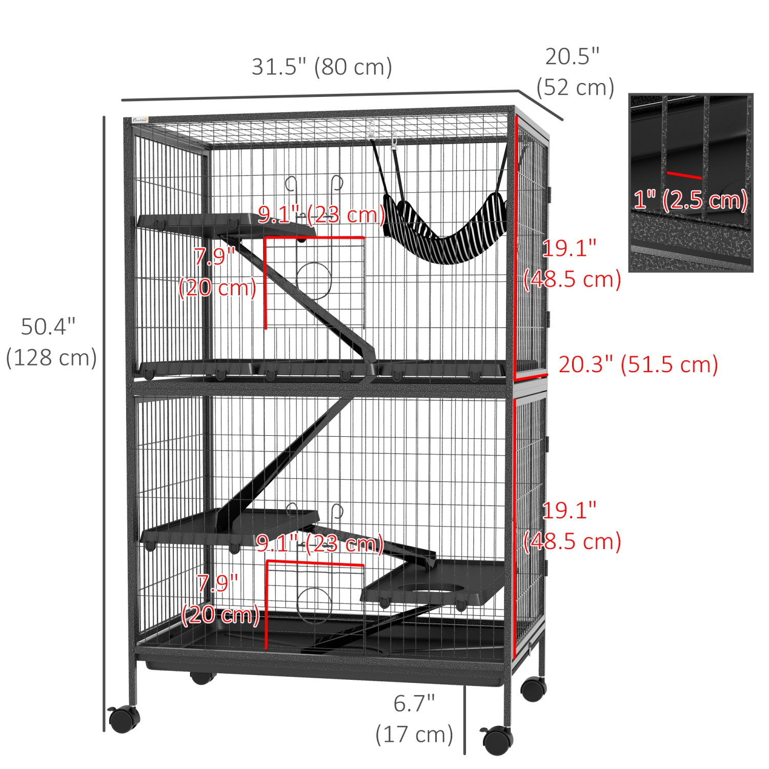 PawHut 50"H 5-Tier Chinchilla Ferret Guinea Pig Cat Cage, Metal Deluxe Animal Critter Nation Cage for Kitten Rabbit, Small Pet House w/ Hammock