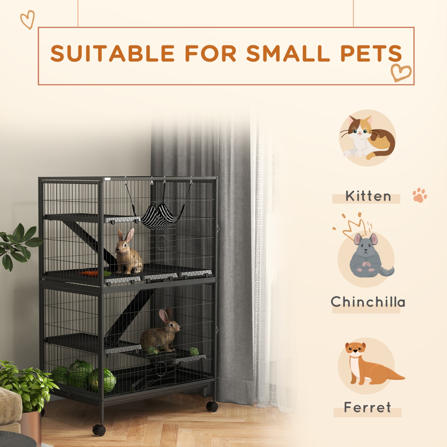 PawHut 50"H 5-Tier Chinchilla Ferret Guinea Pig Cat Cage, Metal Deluxe Animal Critter Nation Cage for Kitten Rabbit, Small Pet House w/ Hammock