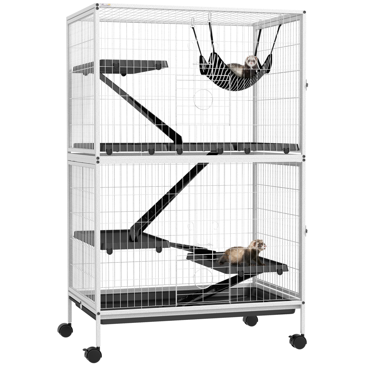 PawHut 50"H 5-Tier Chinchilla Ferret Guinea Pig Cat Cage, Metal Deluxe Animal Critter Nation Cage for Kitten Rabbit, Small Pet House w/ Hammock
