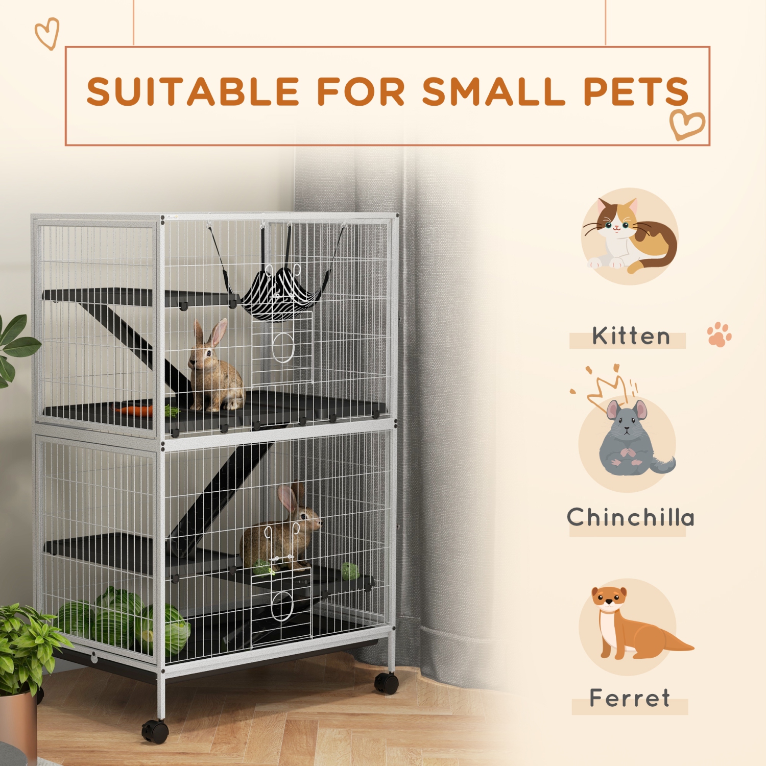 PawHut 50"H 5-Tier Chinchilla Ferret Guinea Pig Cat Cage, Metal Deluxe Animal Critter Nation Cage for Kitten Rabbit, Small Pet House w/ Hammock