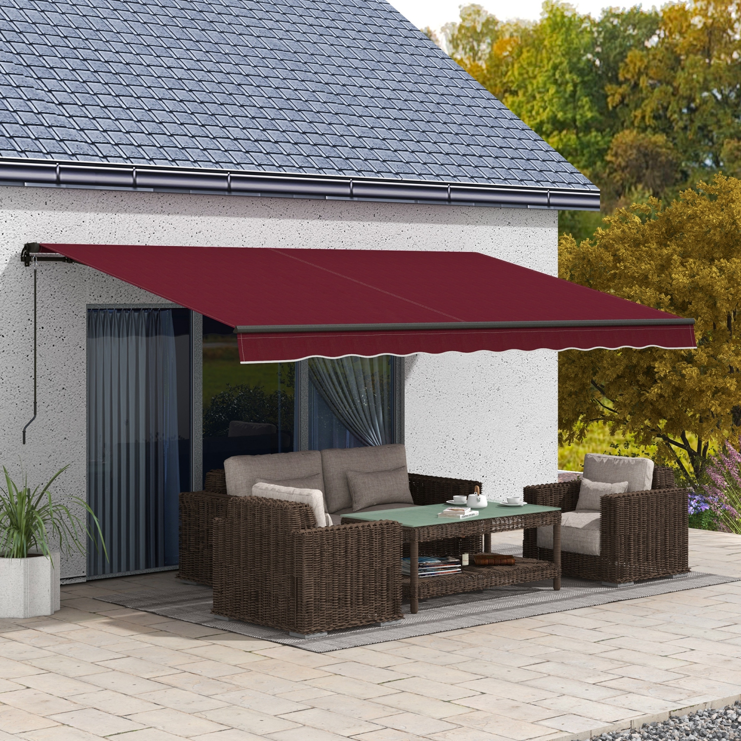 &nbsp;Auvent rétractable Outsunny de 15 x 10 pi, auvent de terrasse avec poignée manuelle à manivelle, tissu 280&nbsp;gsm résistant aux rayons UV et