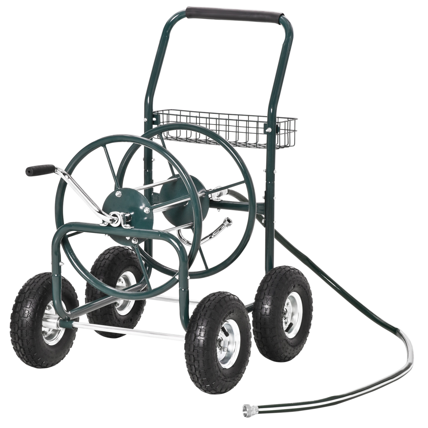 Outsunny Garden Hose Reel Cart, Portable Hose Organizer with Hose Guide System, Hold Up to 300 ft of 5/8" Hose, 4 Wide Wheels & Storage Basket for