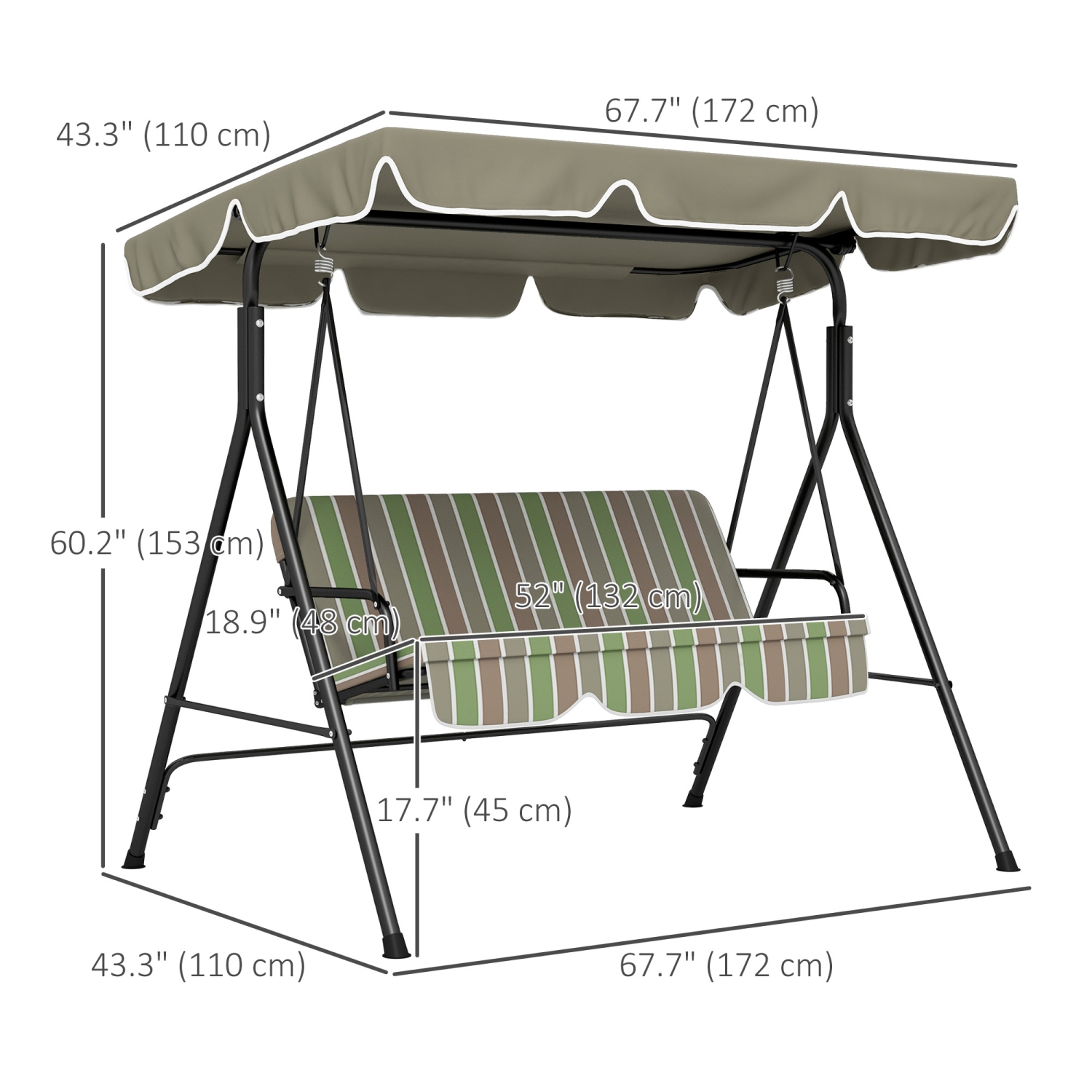 Outsunny 3-Seat Patio Swing Chair, Outdoor Porch Swing Glider with Adjustable Canopy, Removable Cushion, and Weather Resistant Steel Frame, for