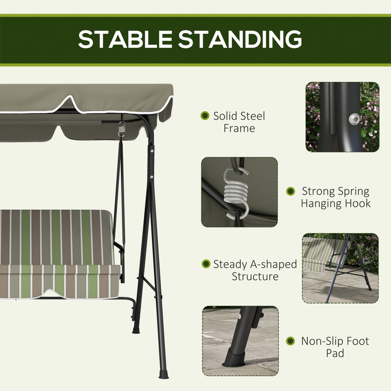 Outsunny 3-Seat Patio Swing Chair, Outdoor Porch Swing Glider with Adjustable Canopy, Removable Cushion, and Weather Resistant Steel Frame, for