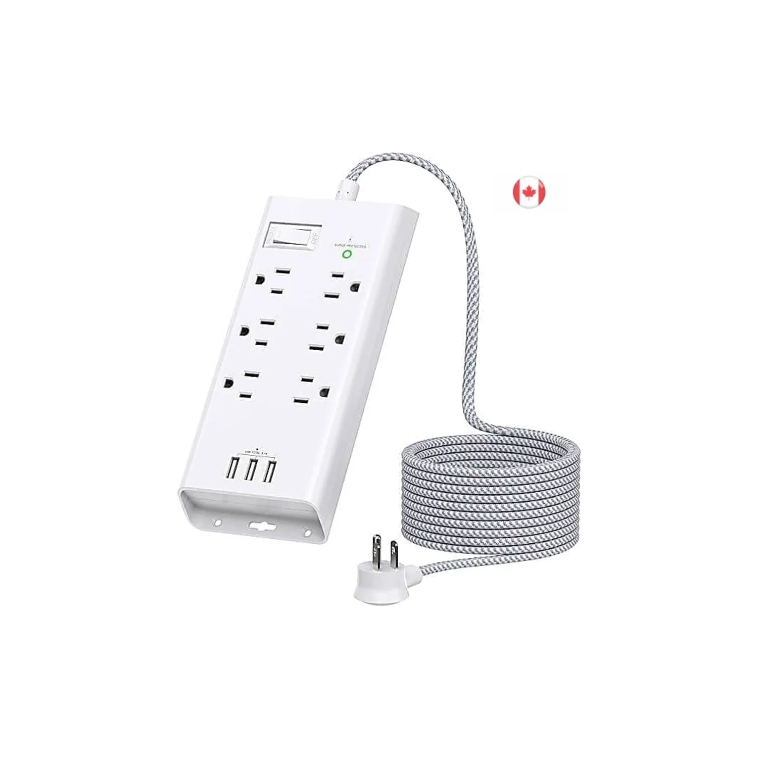 Parasurtenseur à barre d'alimentation | Rallonge de 10ft pi | 6 prises | 3 ports USB | prise plate | Protection contre les surtensions | Support