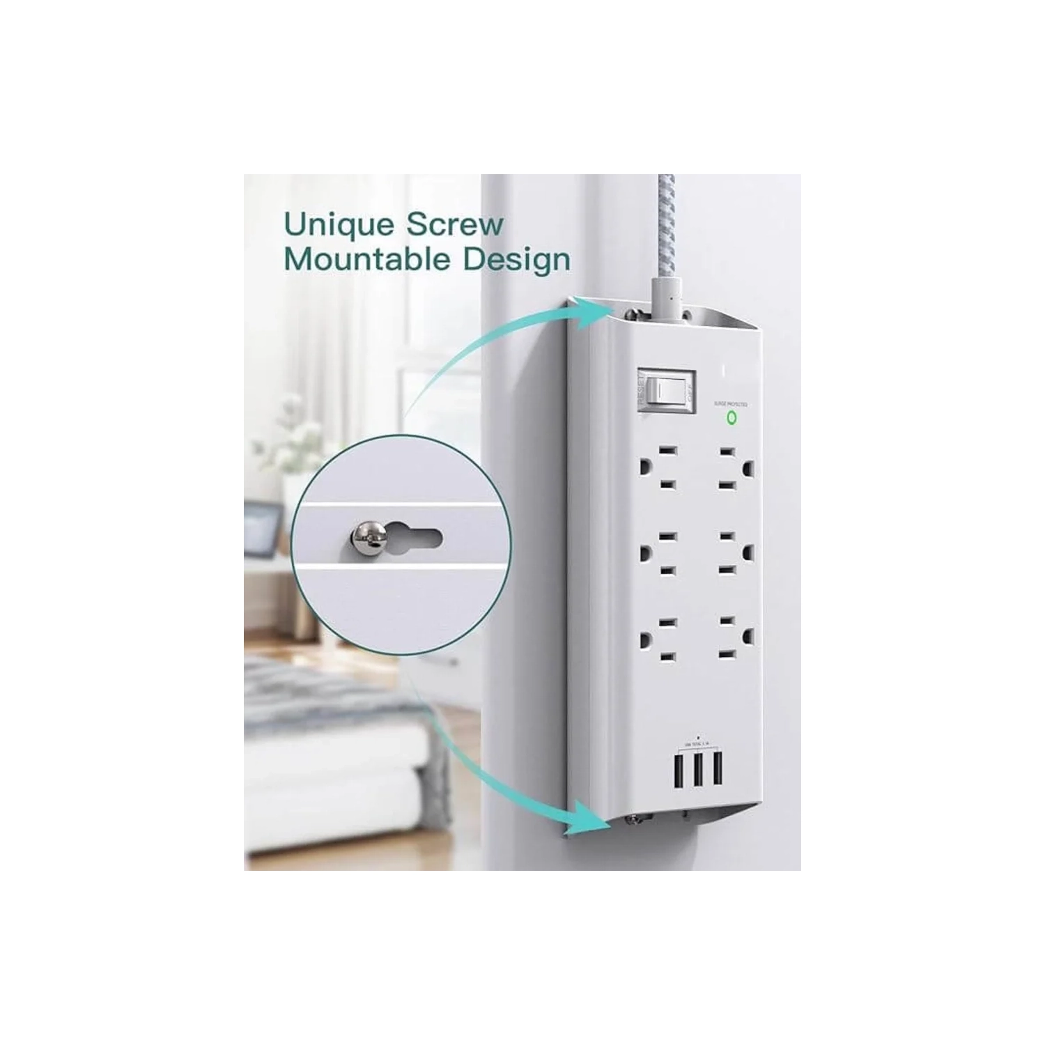 Parasurtenseur à barre d'alimentation | Rallonge de 10ft pi | 6 prises | 3 ports USB | prise plate | Protection contre les surtensions | Support