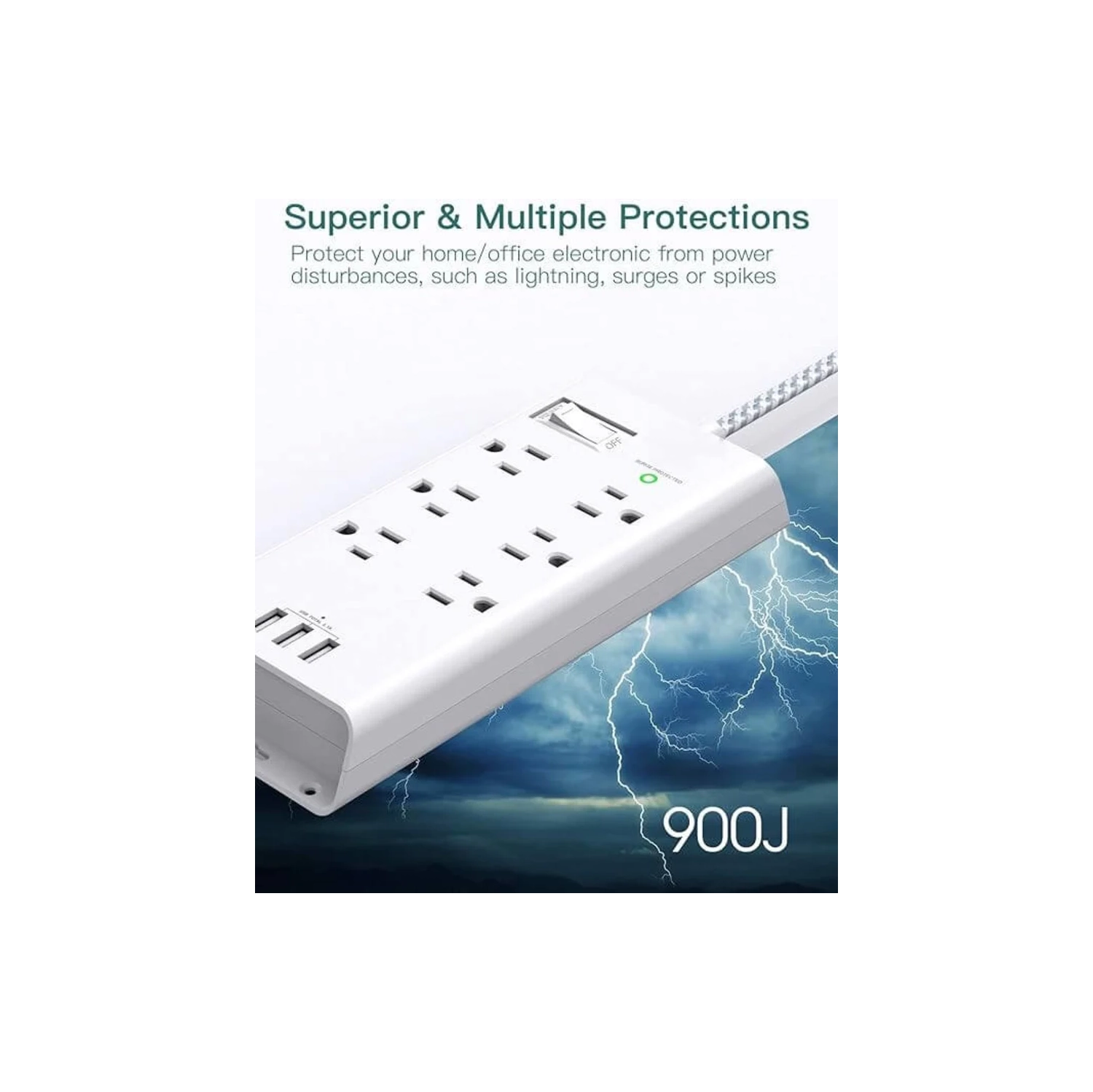 Parasurtenseur à barre d'alimentation | Rallonge de 10ft pi | 6 prises | 3 ports USB | prise plate | Protection contre les surtensions | Support
