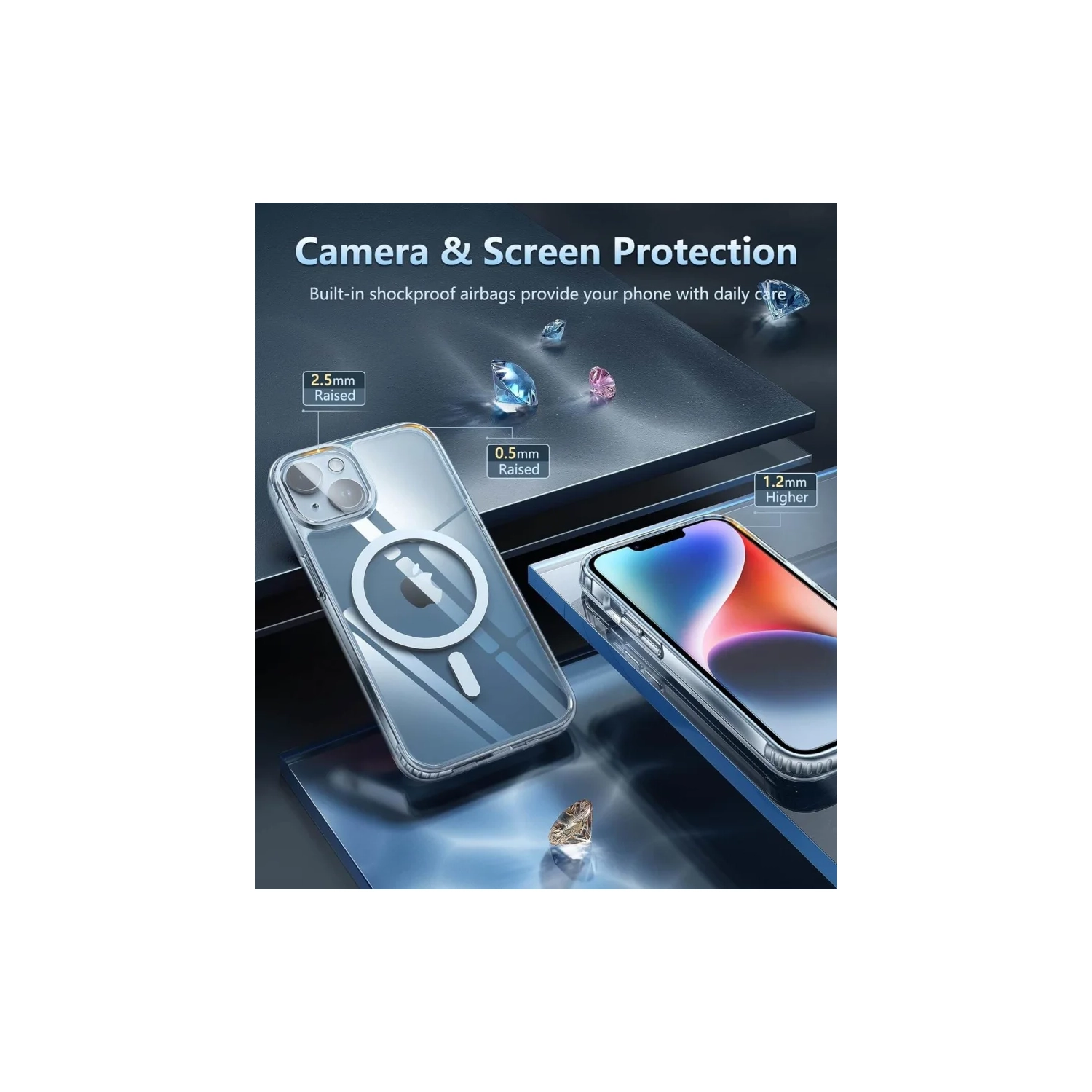 Clear Magnetic Military Grade Drop Protection Case for iPhone 13/14 - Rugged Shockproof Protective Bumper - 6.1 Inch