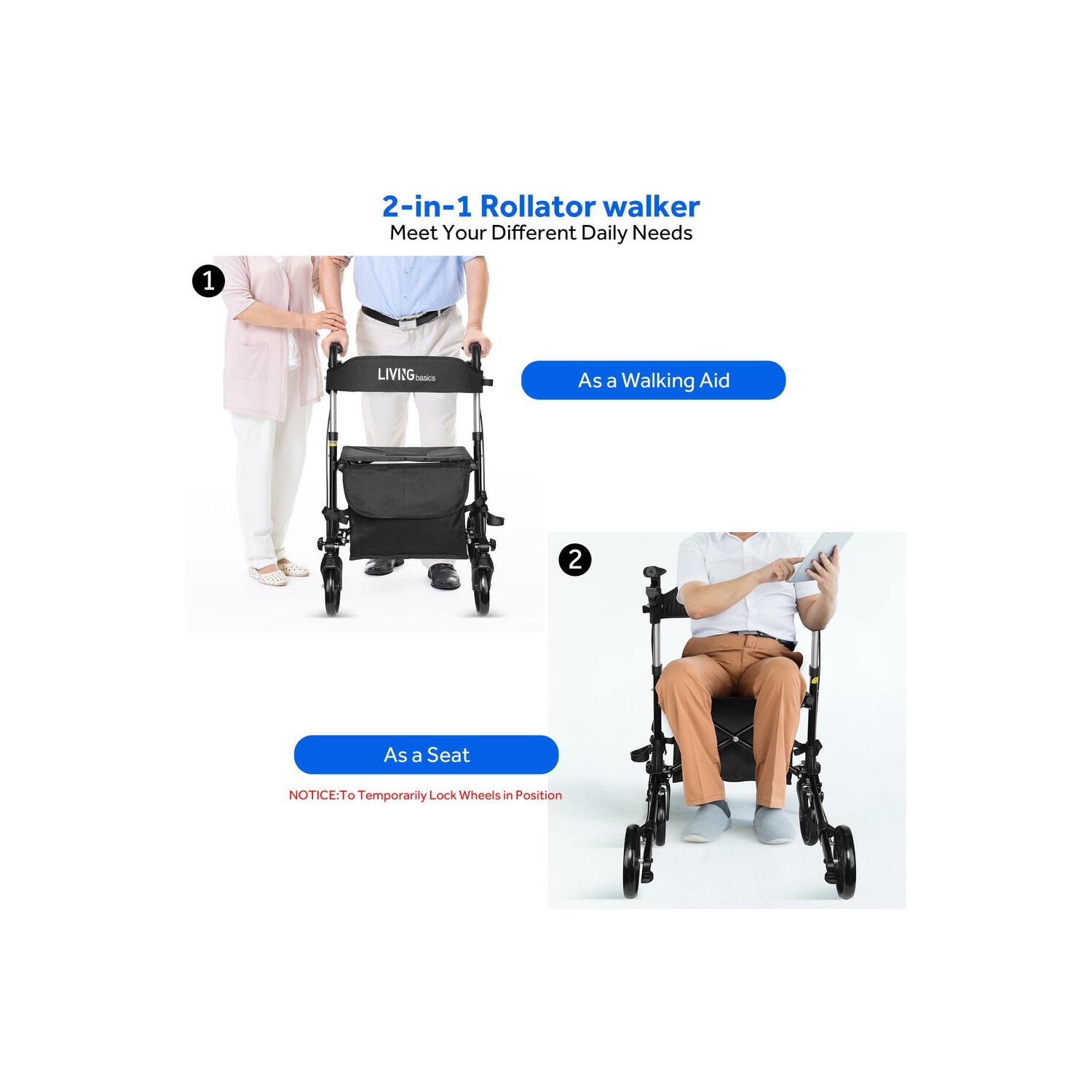 Marcheurs pliables et ambulateurs avec siège et sac de rangement, ambulateur en alliage d'aluminium poignée réglable pour adultes âgés avec support