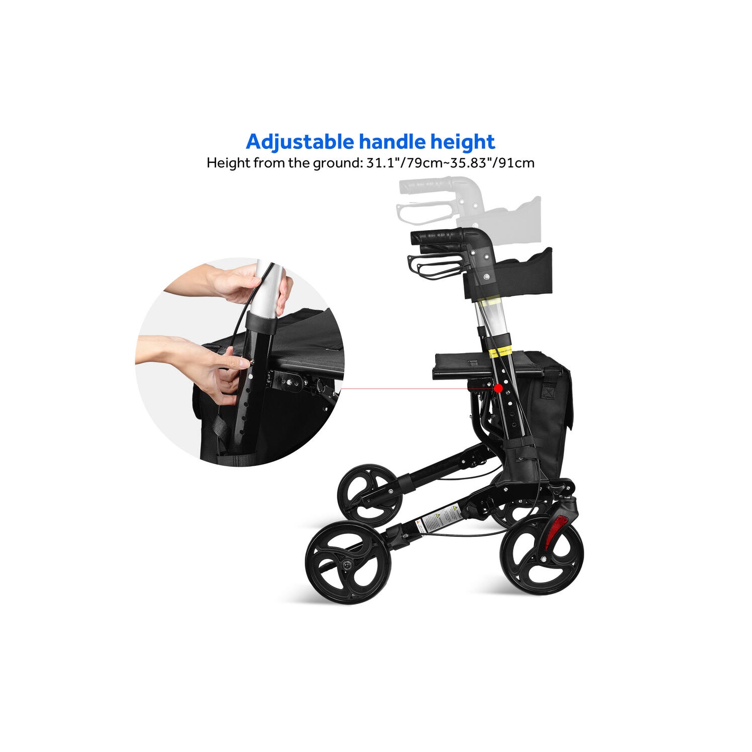 Marcheurs pliables et ambulateurs avec siège et sac de rangement, ambulateur en alliage d'aluminium poignée réglable pour adultes âgés avec support