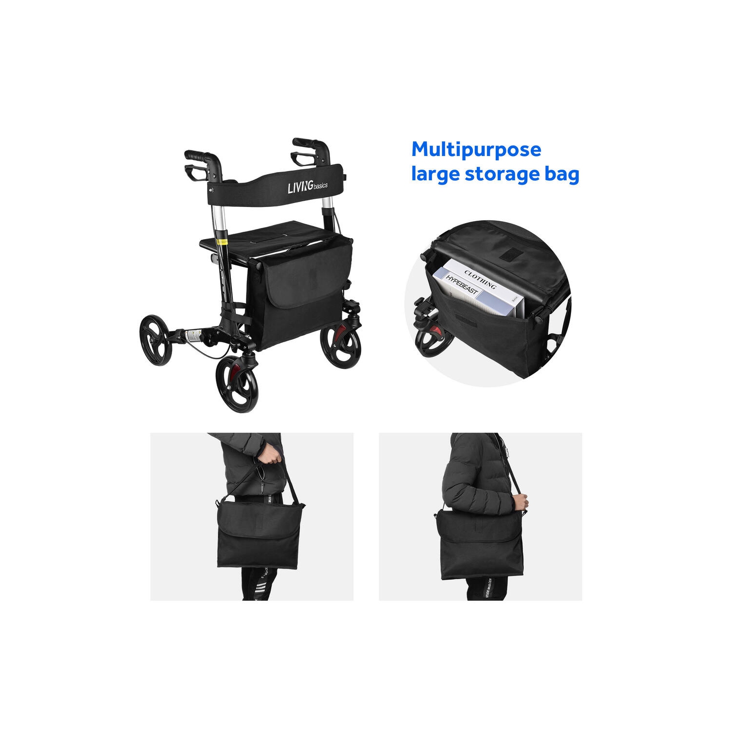 Marcheurs pliables et ambulateurs avec siège et sac de rangement, ambulateur en alliage d'aluminium poignée réglable pour adultes âgés avec support