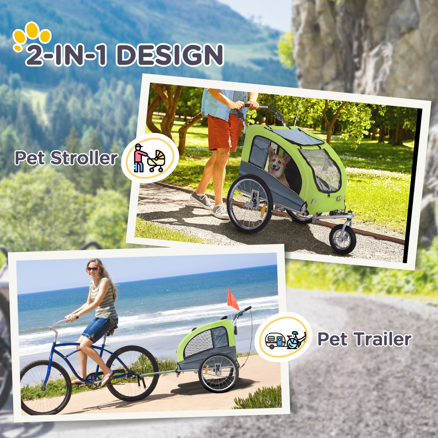 Aosom Dog Bike Trailer 2-In-1 Pet Stroller Cart Bicycle Wagon Cargo Carrier Attachment for Travel with Suspension, Hitch, Storage Pockets, for Small