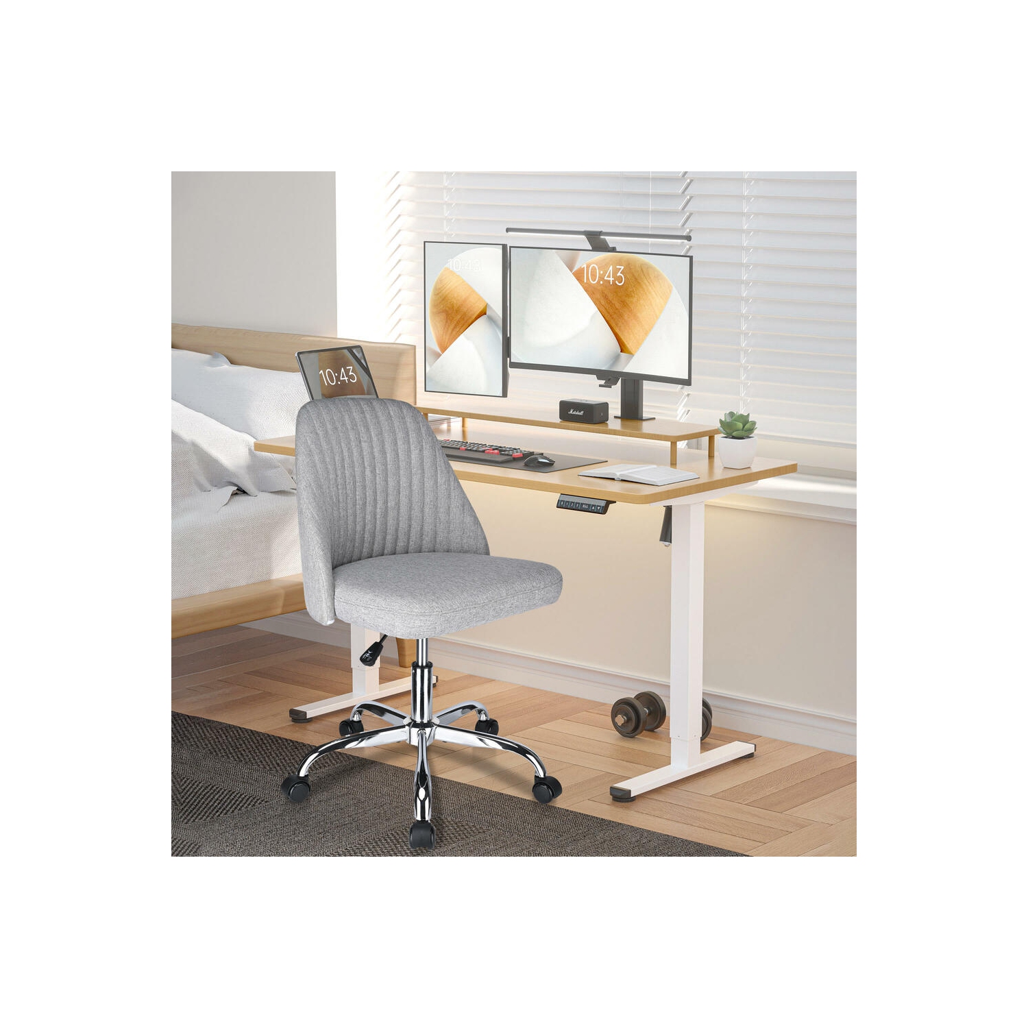 Fauteuil de bureau moderne sans accoudoirs en lin, dossier mi-hauteur, chaise de bureau pivotante ajustable, chaise d’ordinateur à roulettes