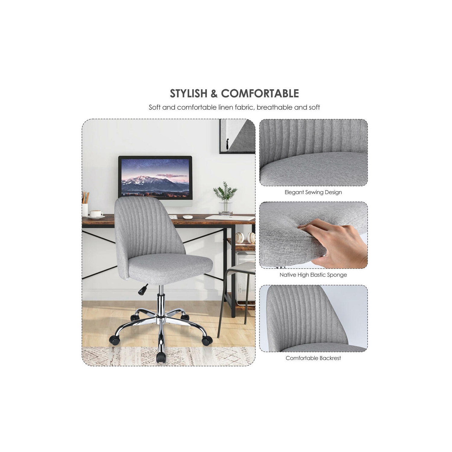 Home Office Modern Linen Fabric Armless Mid-Back Office Chair