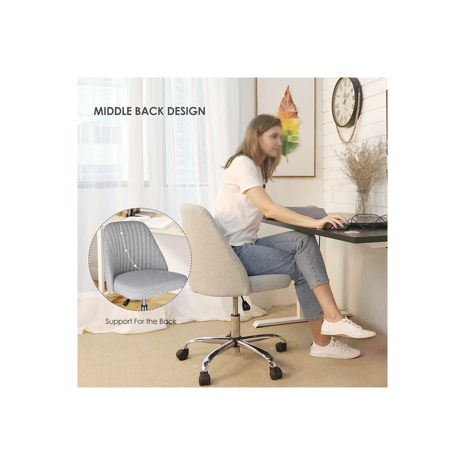 Fauteuil de bureau moderne sans accoudoirs en lin, dossier mi-hauteur, chaise de bureau pivotante ajustable, chaise d’ordinateur à roulettes