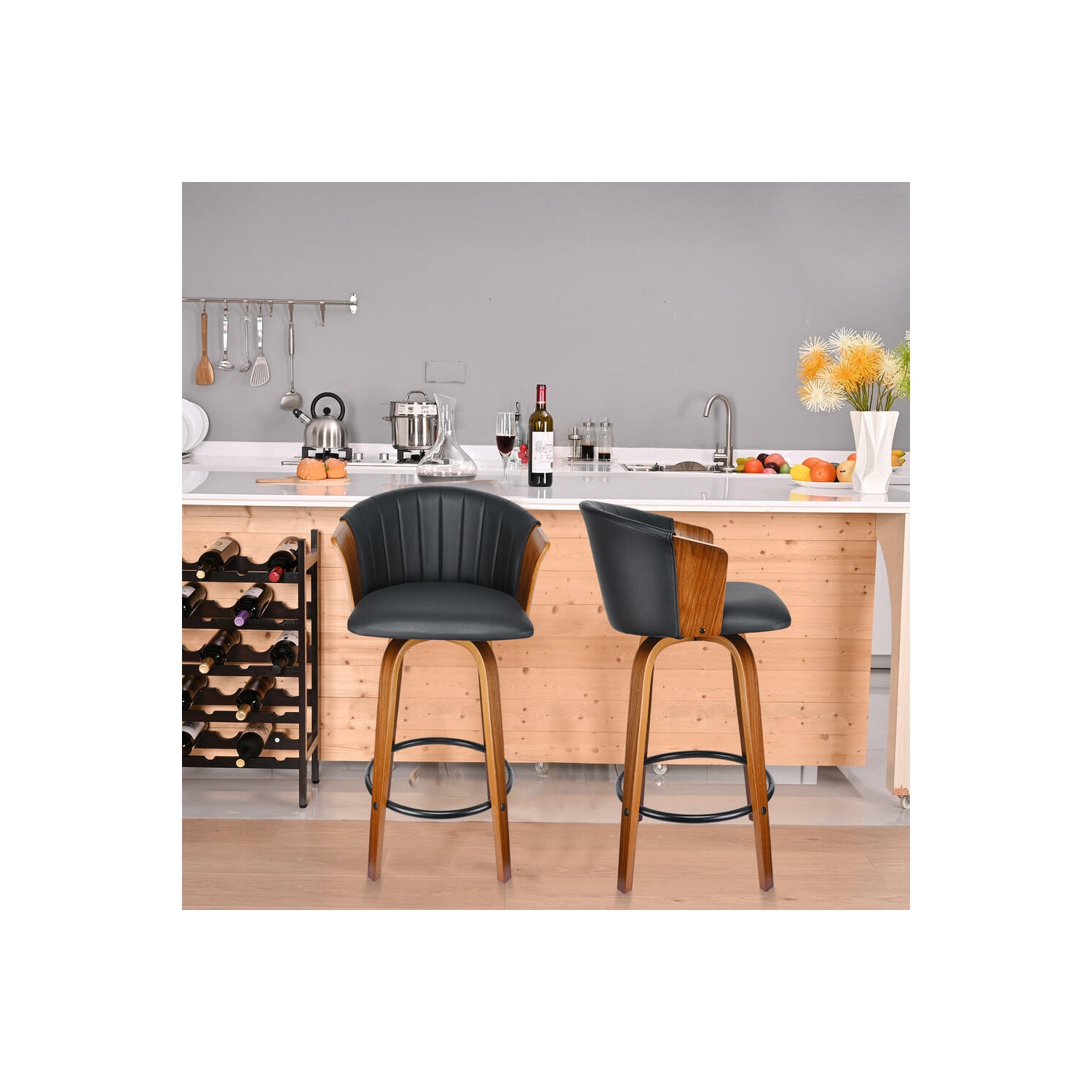 Set of 2 Bar Stools Height Wood Counter Stools with Mid-Backrest, Kitchen Barstools Pub Chair for Home Dining Island