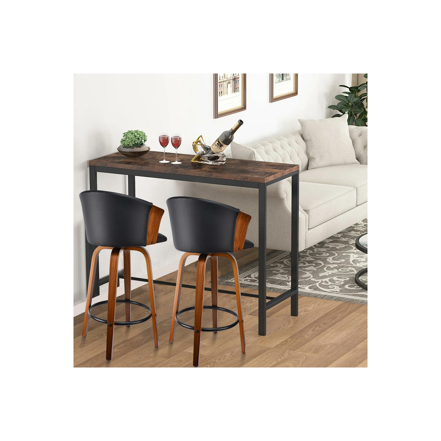 Set of 2 Bar Stools Height Wood Counter Stools with Mid-Backrest, Kitchen Barstools Pub Chair for Home Dining Island