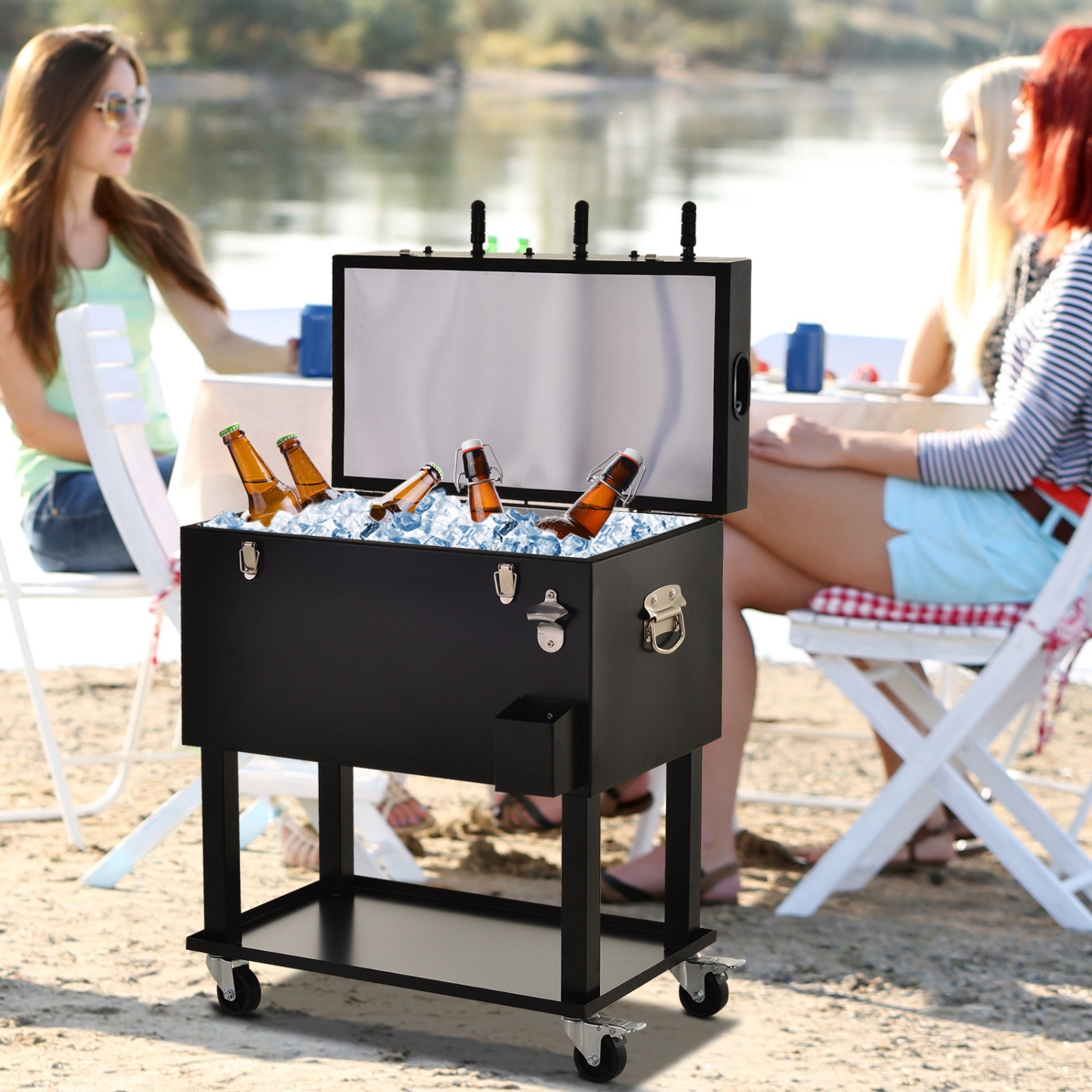 Outsunny 68QT Patio Cooler Ice Chest with Foosball Table Top, Portable Poolside Party Bar Cold Drink Rolling Cart on Wheels with Tray Shelf Black