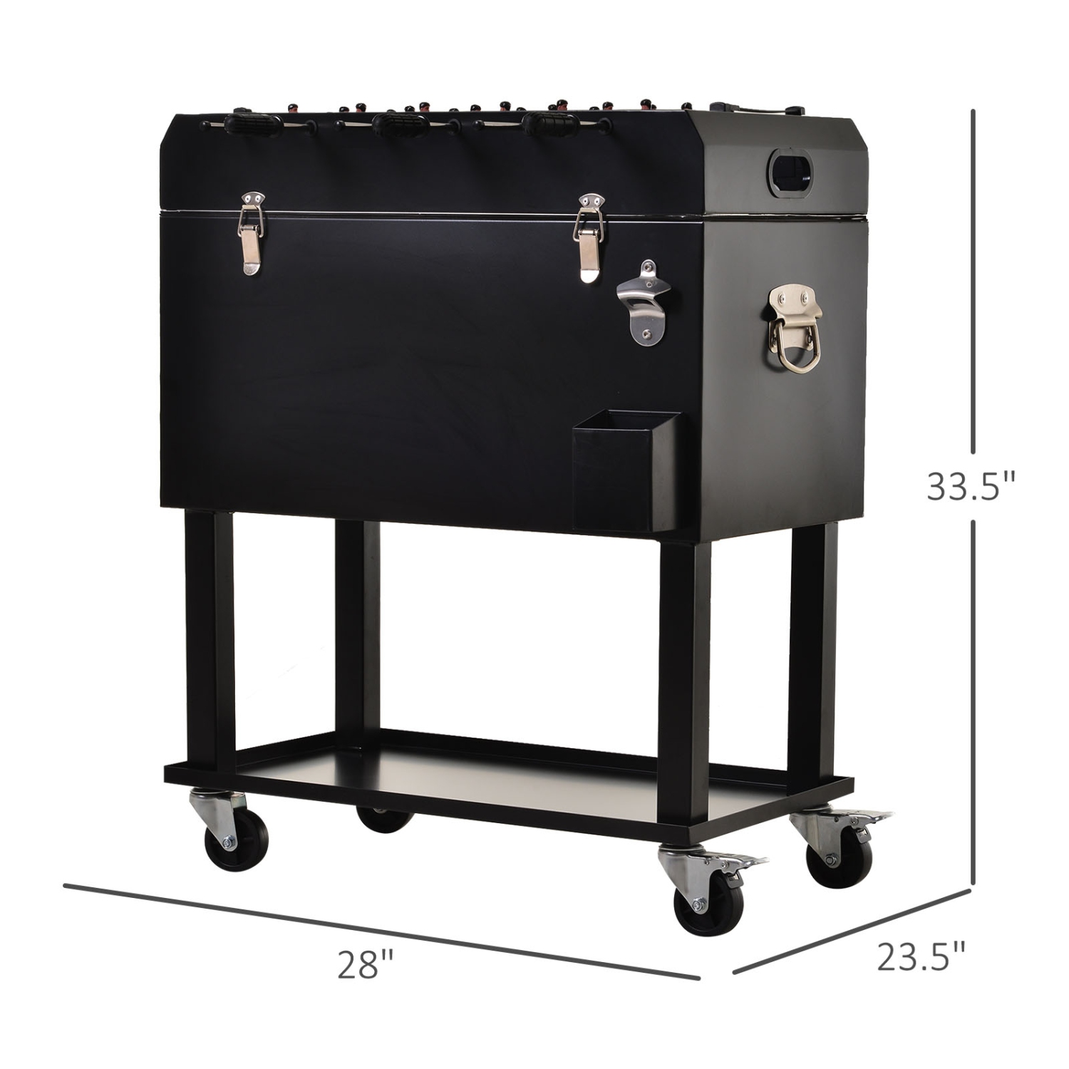 Outsunny 68QT Patio Cooler Ice Chest with Foosball Table Top, Portable Poolside Party Bar Cold Drink Rolling Cart on Wheels with Tray Shelf Black